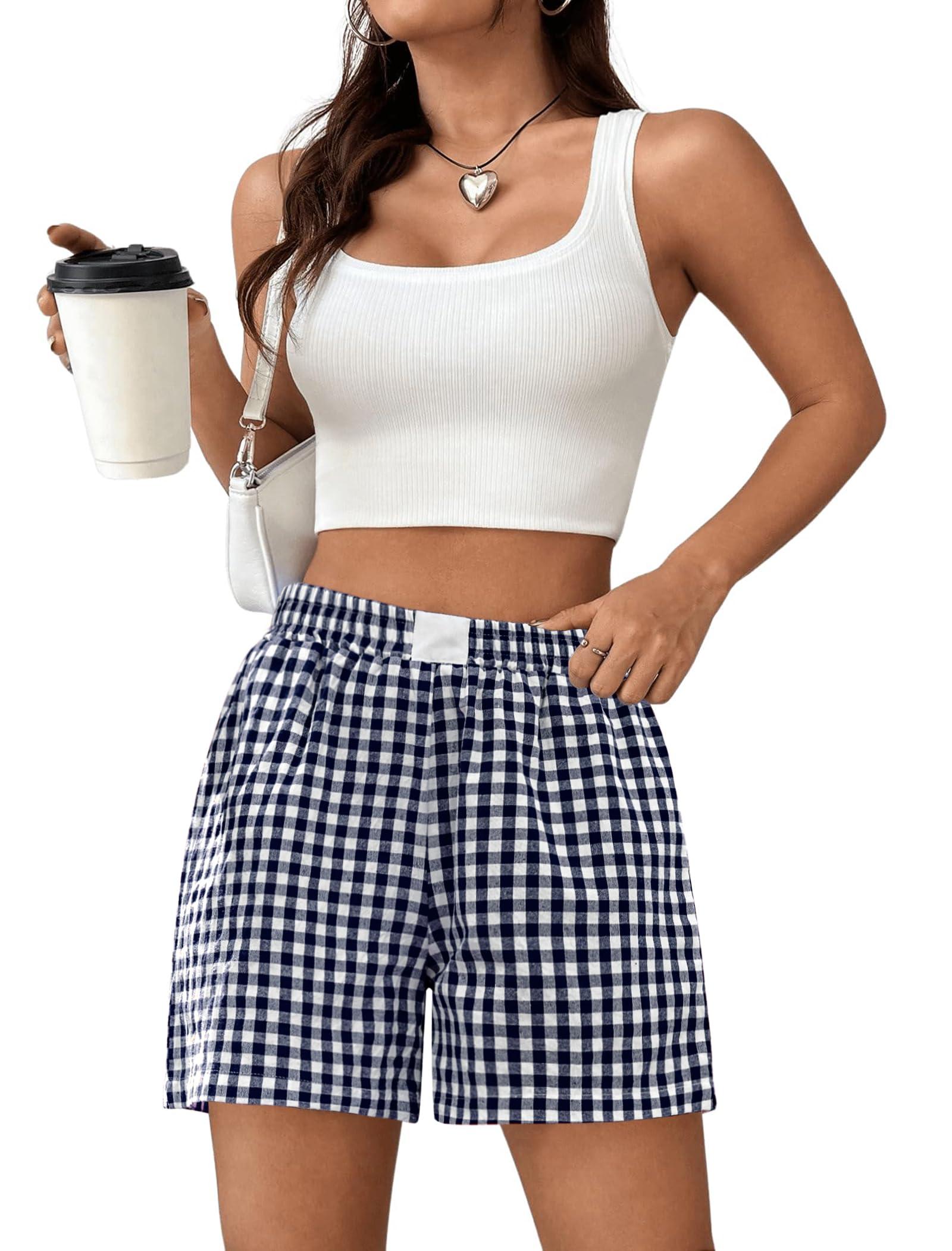Marvmys Womens Boxer Shorts Cotton Plaid Gingham Shorts Summer Elastic Waist Pajama Buttoms with Pockets - Image 2