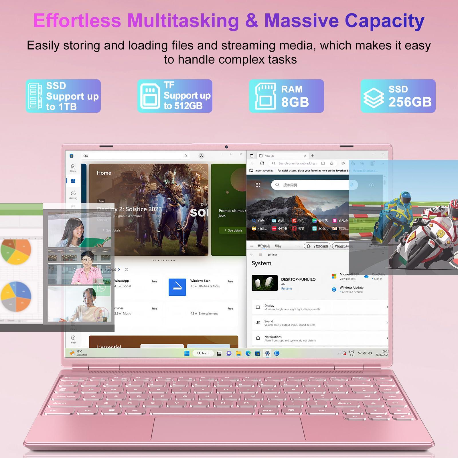 NOTODD Laptop 14" 8GB+256GB SSD Celeron N5095 Up to 2.9 GHz Win 11 Laptop Support 512GB TF 1TB SSD Expand Notebook Support 5G WiFi丨BT 4.2丨Cooling Fan丨1920*1200丨Mouse and Keyboard Protector-Pink - Image 2