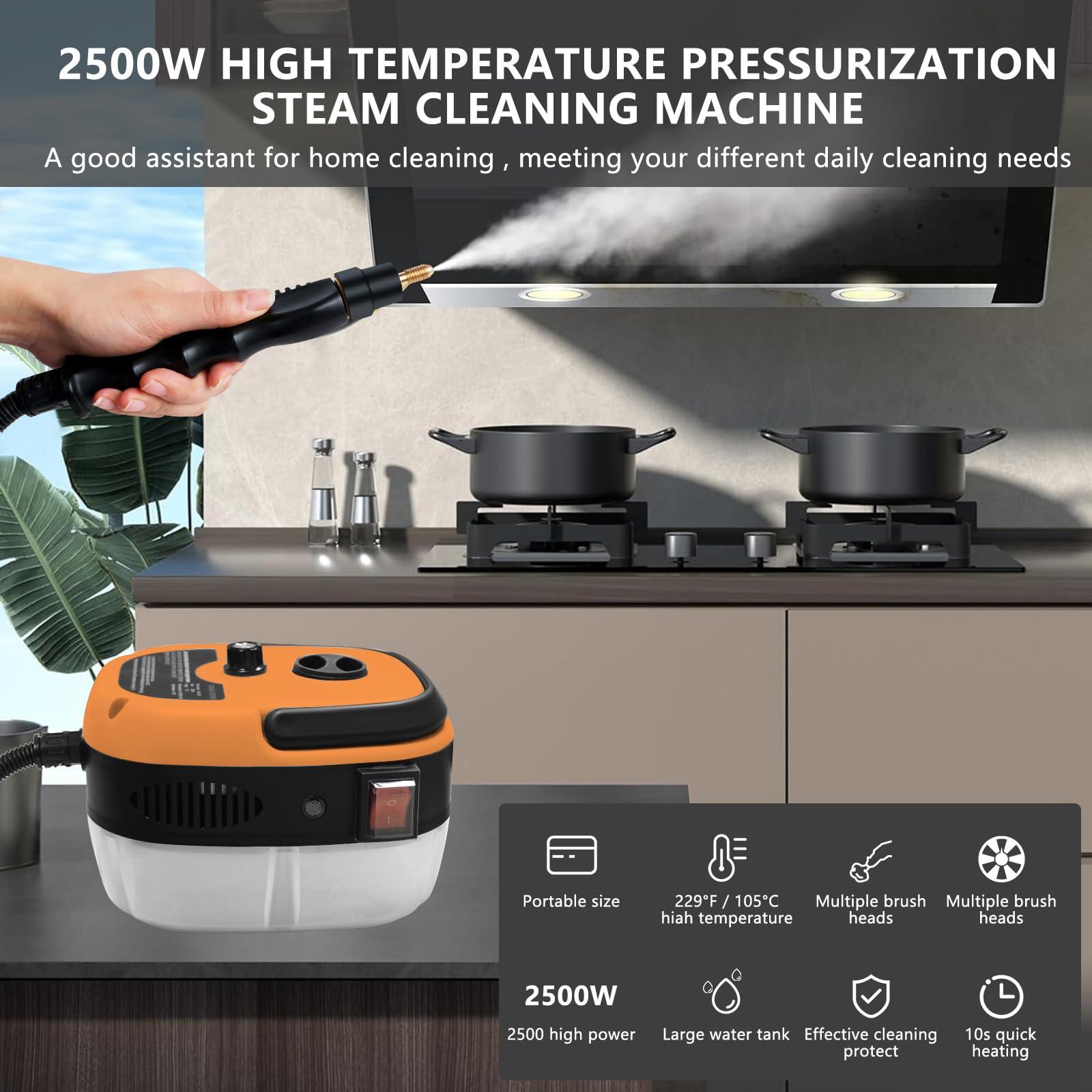 Handheld Steam Cleaner, 2500W Pressurized Steam Cleaner with 3 Brush Heads, Portable Steam Cleaner for Home, Car, Furniture, Kitchen, Bathroom and Wall, Orange - Image 3