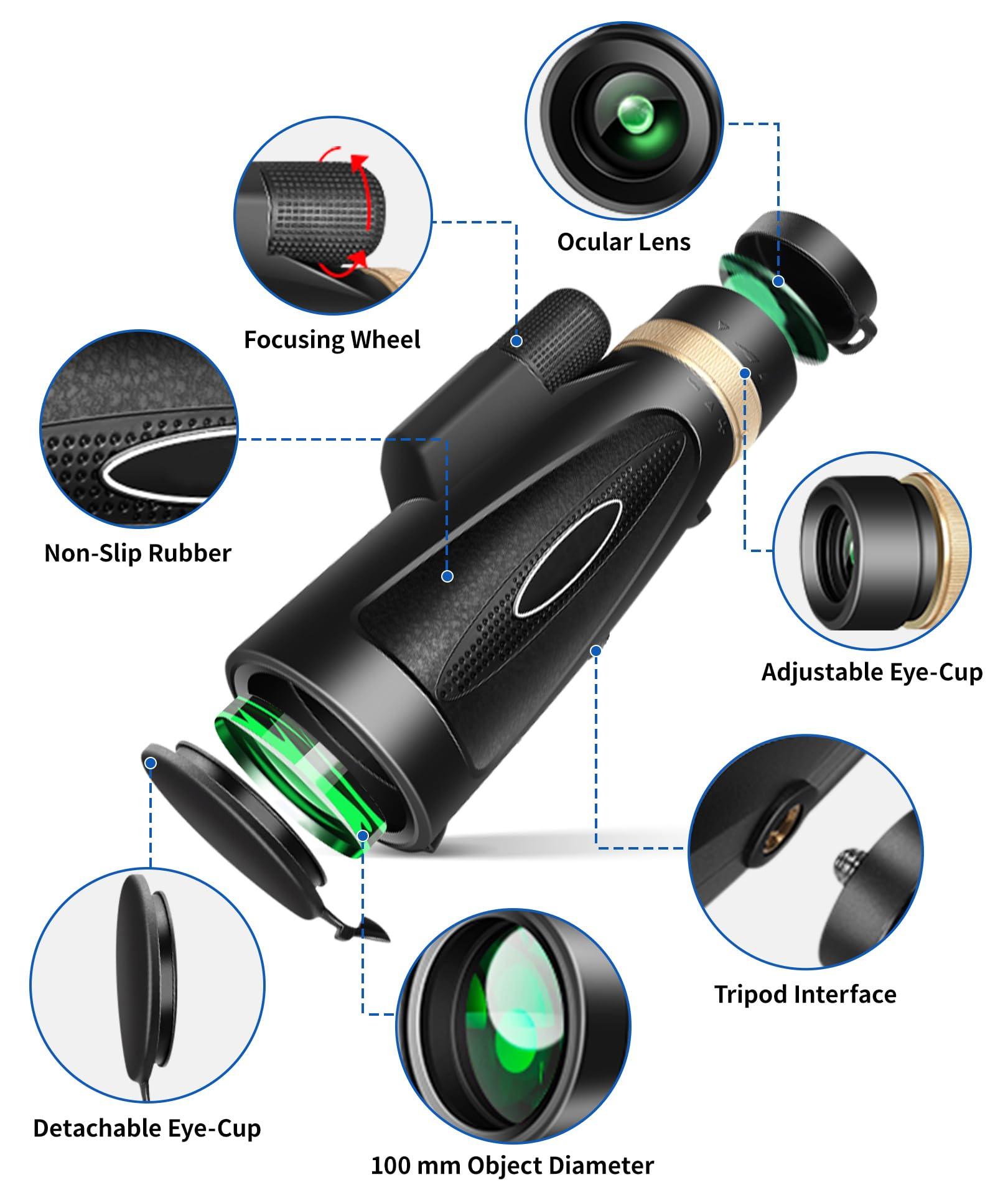 Monocular Telescope 80x100 High Power with Smartphone Adapter Tripod,Larger Vision Monoculars for Adults with BAK4 Prism & FMC Lens, Suitable for Bird Watching Hunting Hiking Camping Wildlife-Black - Image 2