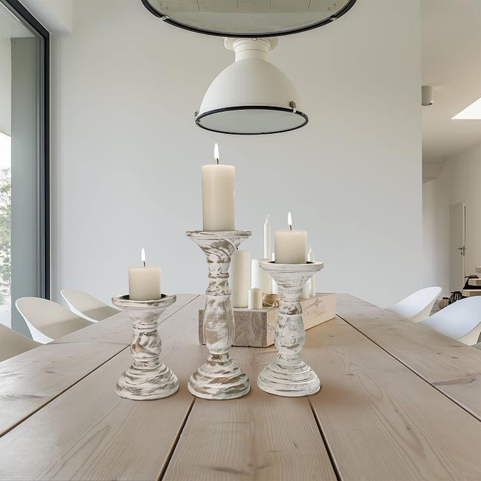 Yorkmills Pillar Candle Holder Set of 3, Farmhouse Decor Living Room Tall Candle Holders for Pillar Candles, Wood Candle Holders for Table Centerpieces White Home Decor Kitchen Dining Room Table Decor - Image 5