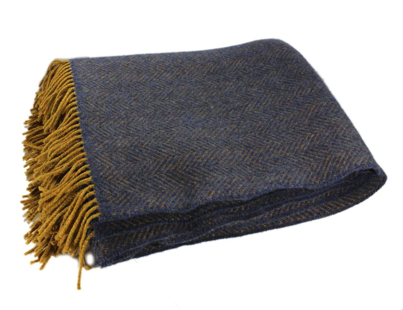 Premium Irish Cashmere & Merino Wool Blend Throw Blanket, 54" x 71 Inches, Soft Warm Feel, Imported from Ireland, Rich Classic Herringbone Pattern, Blue & Gold