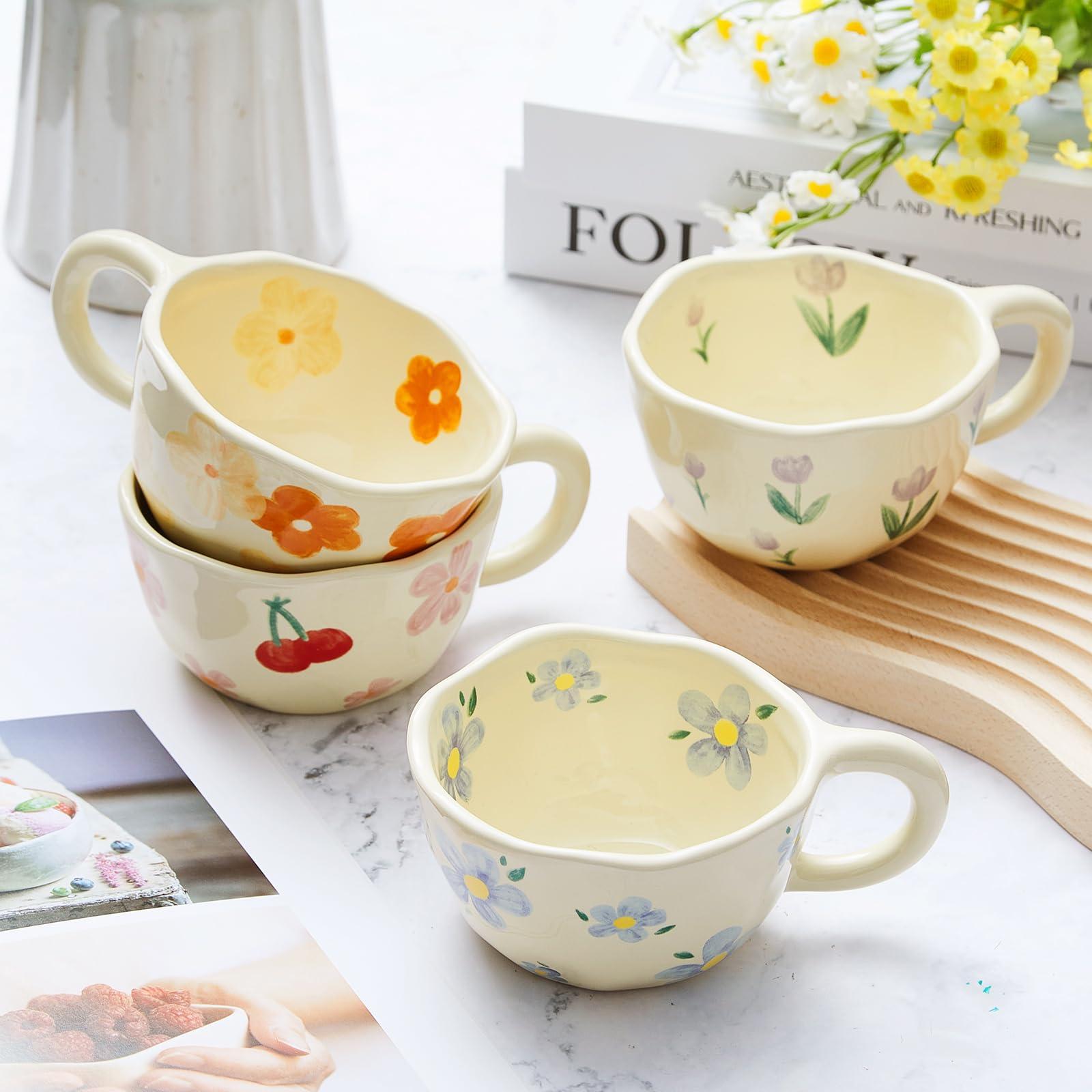 Vesici 4 Styles Cute Ceramic Flower Coffee Mug Set 8. 5 oz Vintage Aesthetic Porcelain Floral Tea Coffee Cup with Handle Dishwasher Microwave Safe for Woman Girls Gifts - Image 2