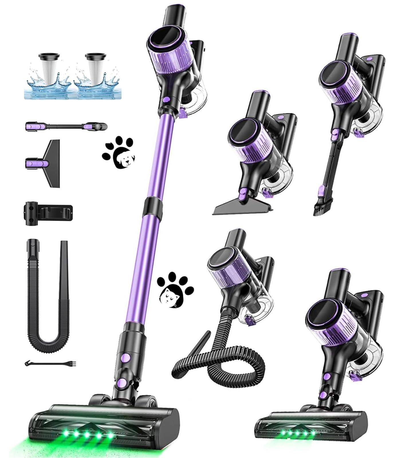 Cordless Vacuum Cleaner, 10 in 1 Stick Vacuum with Powerful Suction, Hose, Green LED Light, Anti-Tangle Brush, Lightweight Rechargeable Vacuum Cleaner for Home, Hardwood Floors, Carpets, Pet Hair