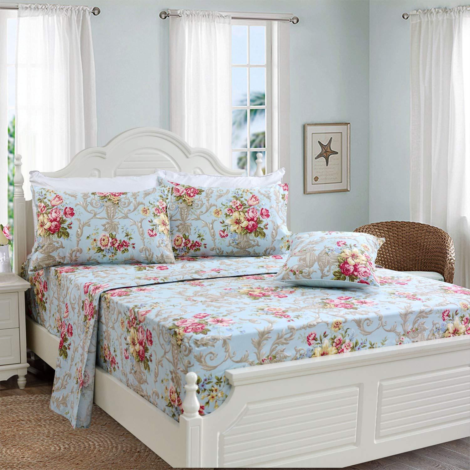 FADFAY Shabby Floral Bedding Elegant Peony Sheets Set Luxury Bedding Collections 800 Thread Count 100% Egyptian Cotton Deep Pocket, 4 Piece-Queen Size - Image 2