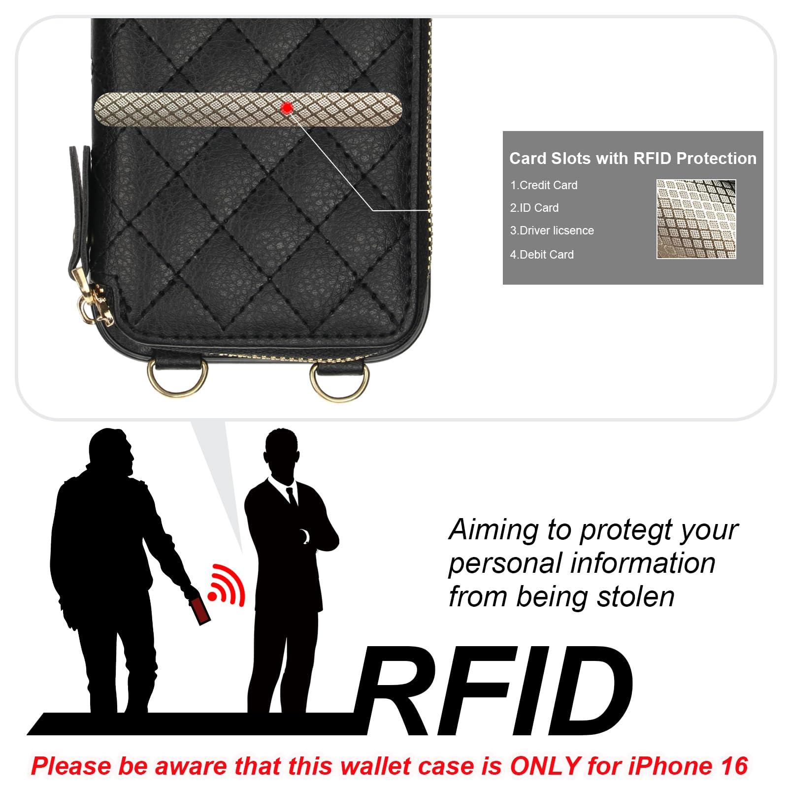 Bocasal Crossbody Wallet Case for iPhone 16, RFID Blocking PU Leather Zipper Handbag Purse Flip Cover, Kickstand Folio Case with Card Slots Holder Wrist Strap Lanyard 5G 6.1 Inch (Black) - Image 3