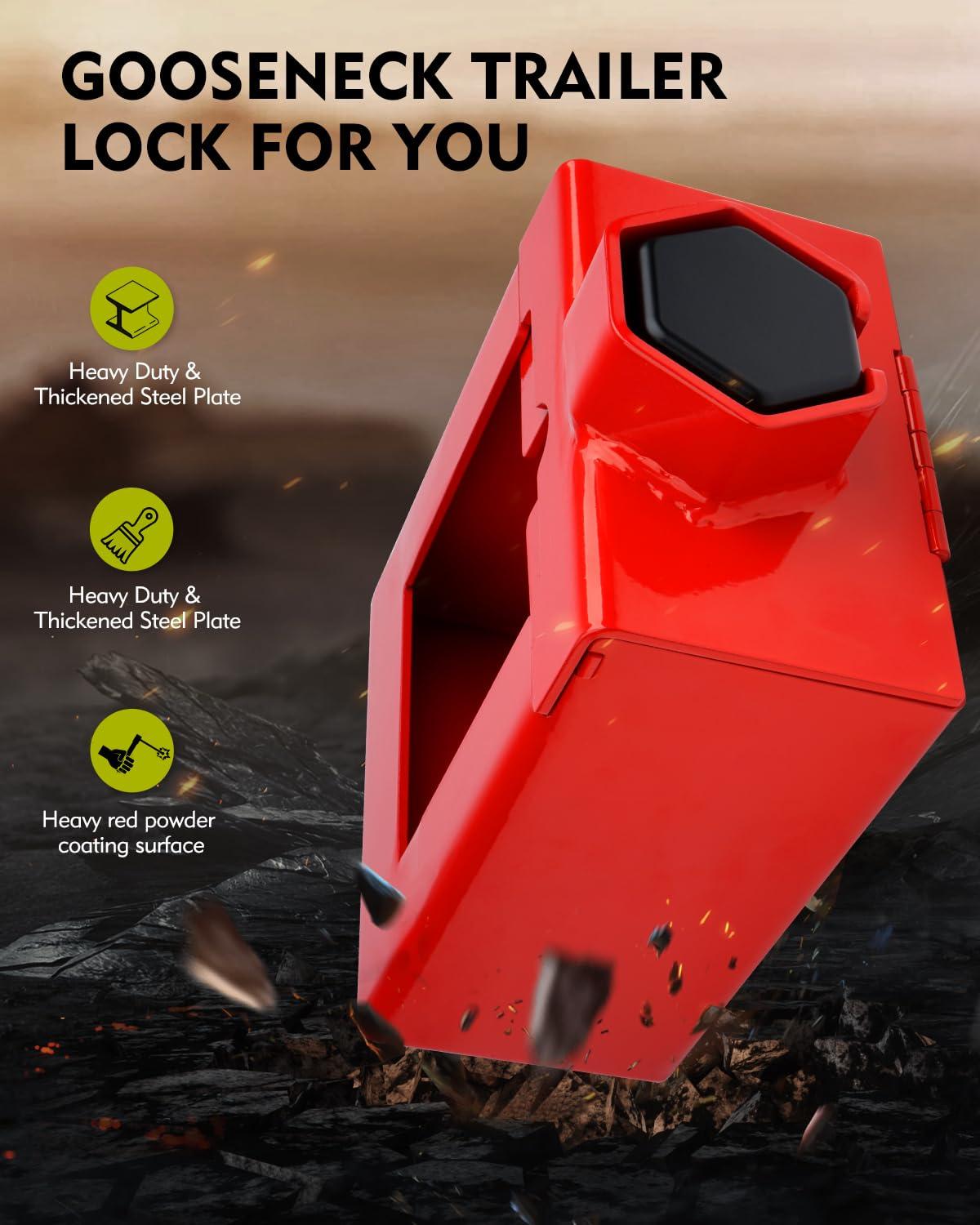 Aupar Patent-Designed Gooseneck Trailer Lock - Fit Most 7-Inch Bottom Plate Couplers, Heavy Duty Lock for Square & Round Trailer Tube - Red - Image 2