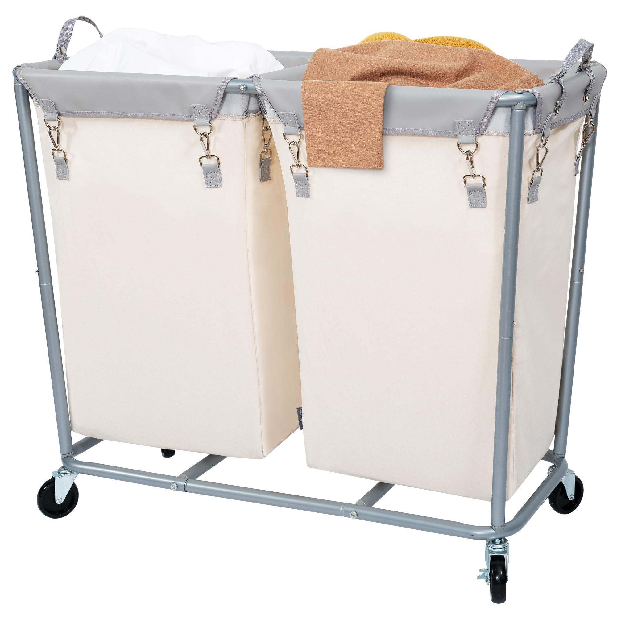 STORAGE MANIAC Commercial Laundry Hamper with Heavy Duty Steel Frame, 240 L Industrial Laundry Basket Cart with Wheels for Hotel, Home, Laundry Room, 37.5''L x 17.1''W x 31.8''H, 2 Section Beige