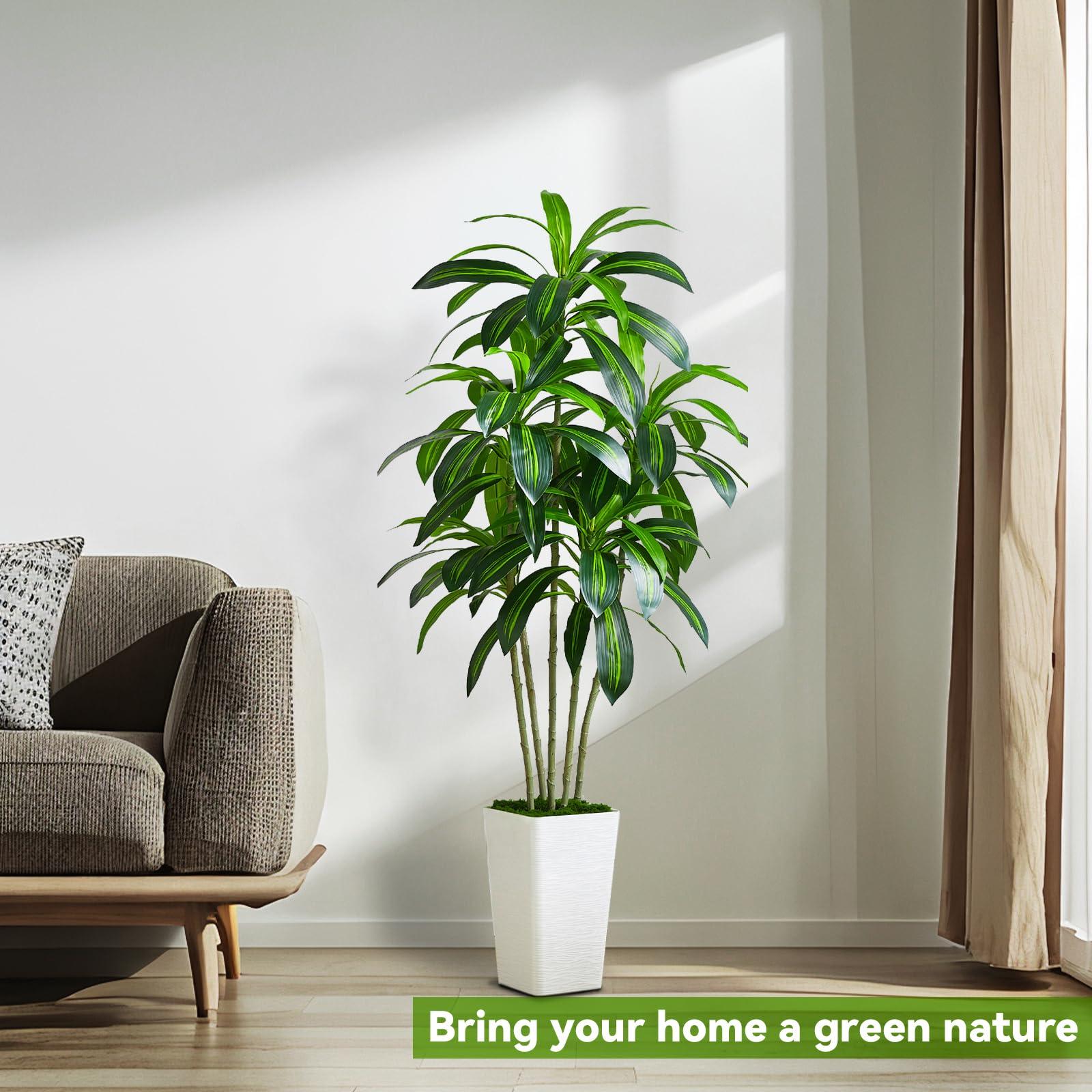 Artificial Dracaena Tree Artificial Silk Tree Faux Tree with White Tall Planter Fake Tropical Yucca Floor Plant (1, White Tall Planter, 5 FT) - Image 2