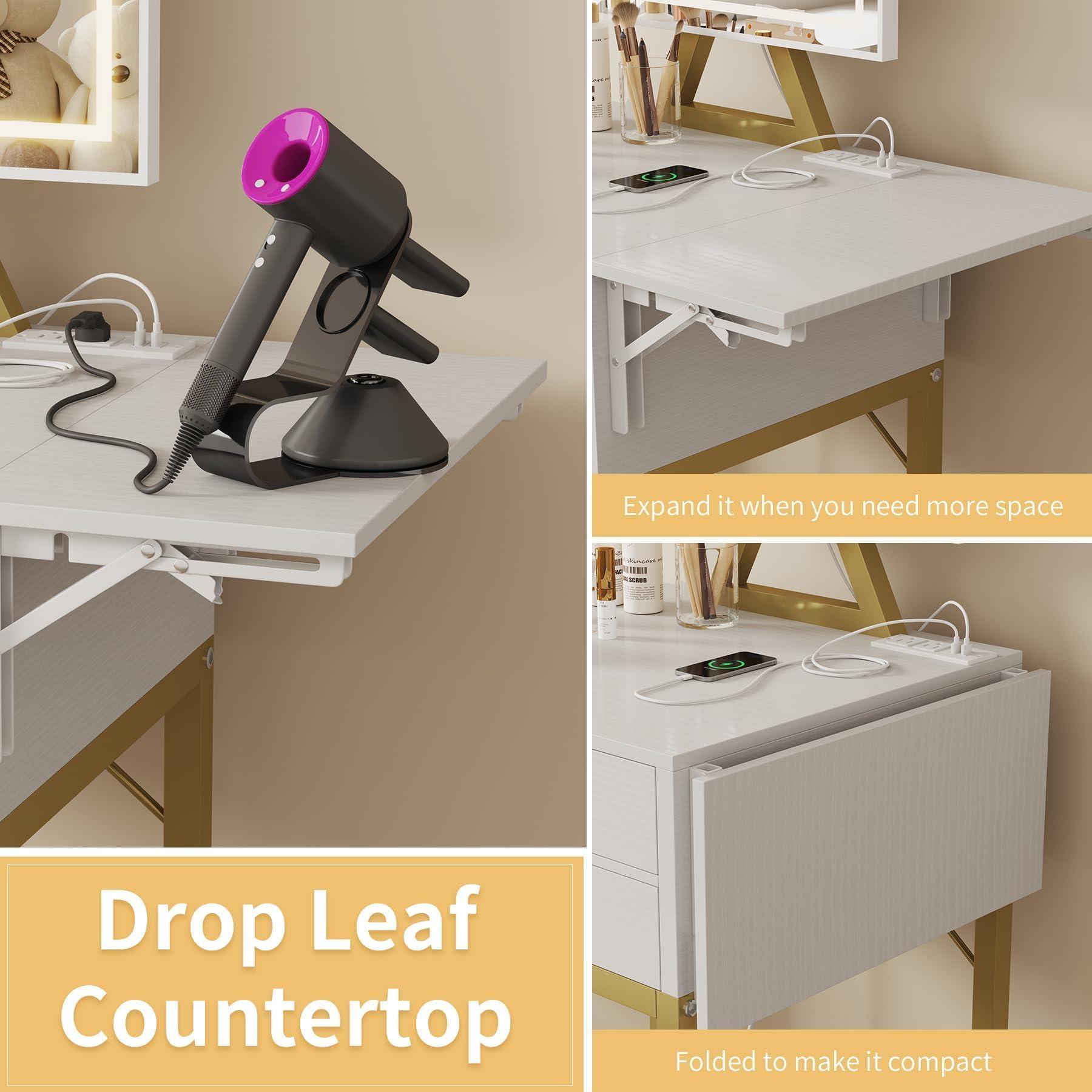KAI-ROAD Small Makeup Vanity Desk with Lights - White Girls Vanity Set with Mirror and Chair, Make Up Dresser Table with Drawers and Power Outlet for Bedroom Small Space, Gold - Image 7