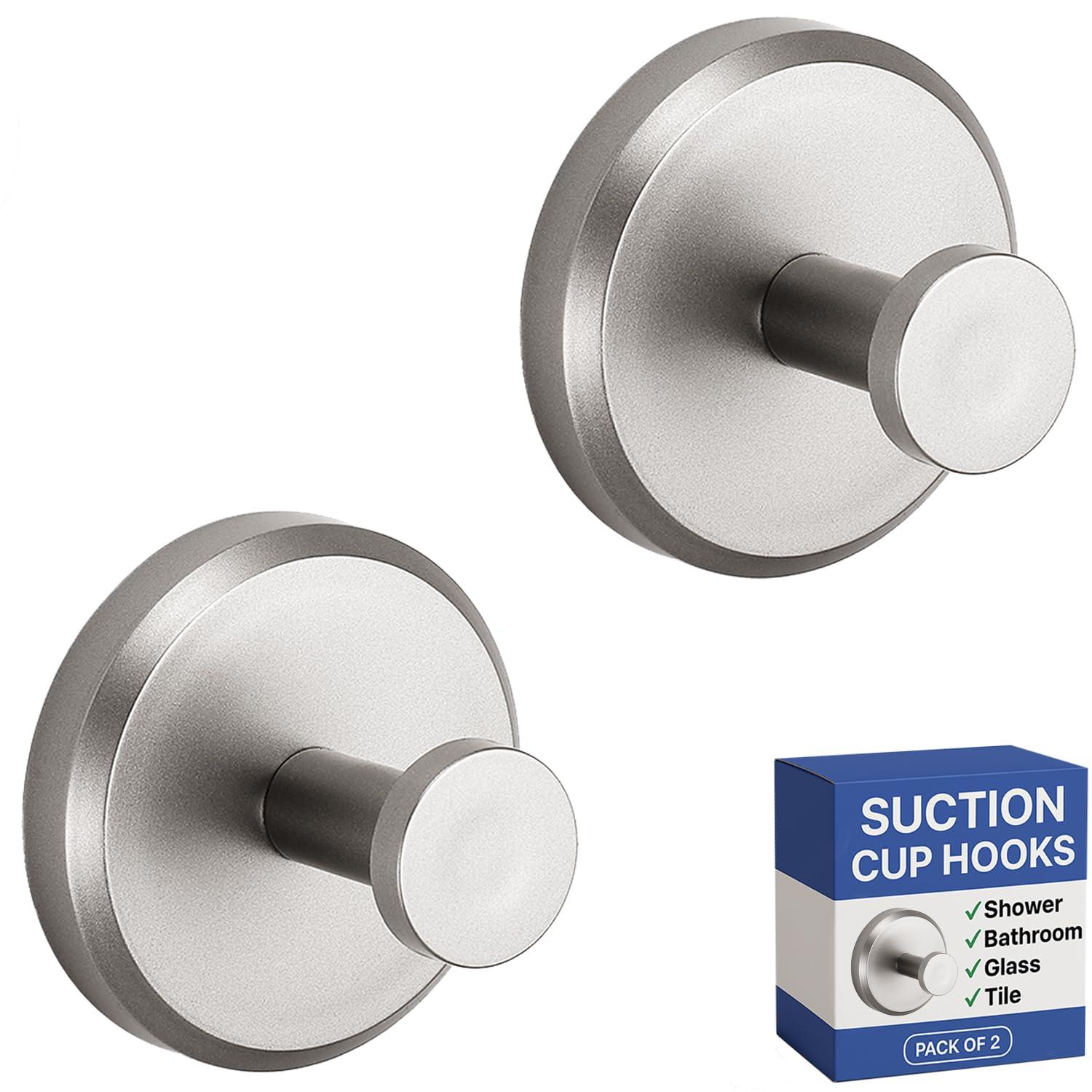 HOME SO Suction Cup Hooks for Shower, Bathroom, Kitchen, Glass Door, Mirror, Tile – Loofah, Towel, Coat, Bath Robe for Hanging up to 15 lbs – Polished Matte Chrome, Brushed Nickel (2-pack)