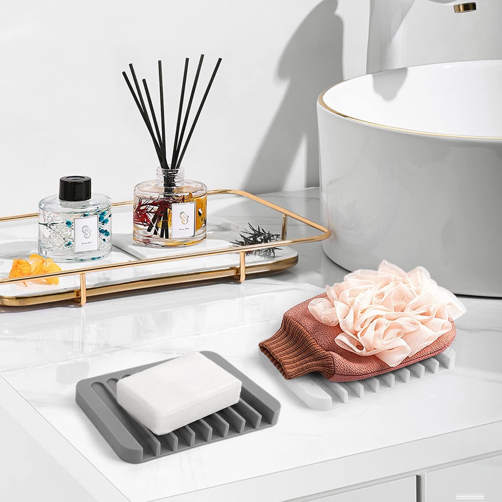 2PCS KAJUDA Self Draining Soap Dishes, Premium Silicone Soap Holder & Saver for Shower, Bathroom, Bath Tub, Razor, Sponges, Bar Soap Dish to Keep Soap Dry, Can Extend Soap Life, Easy Clean (Grey) - Image 2