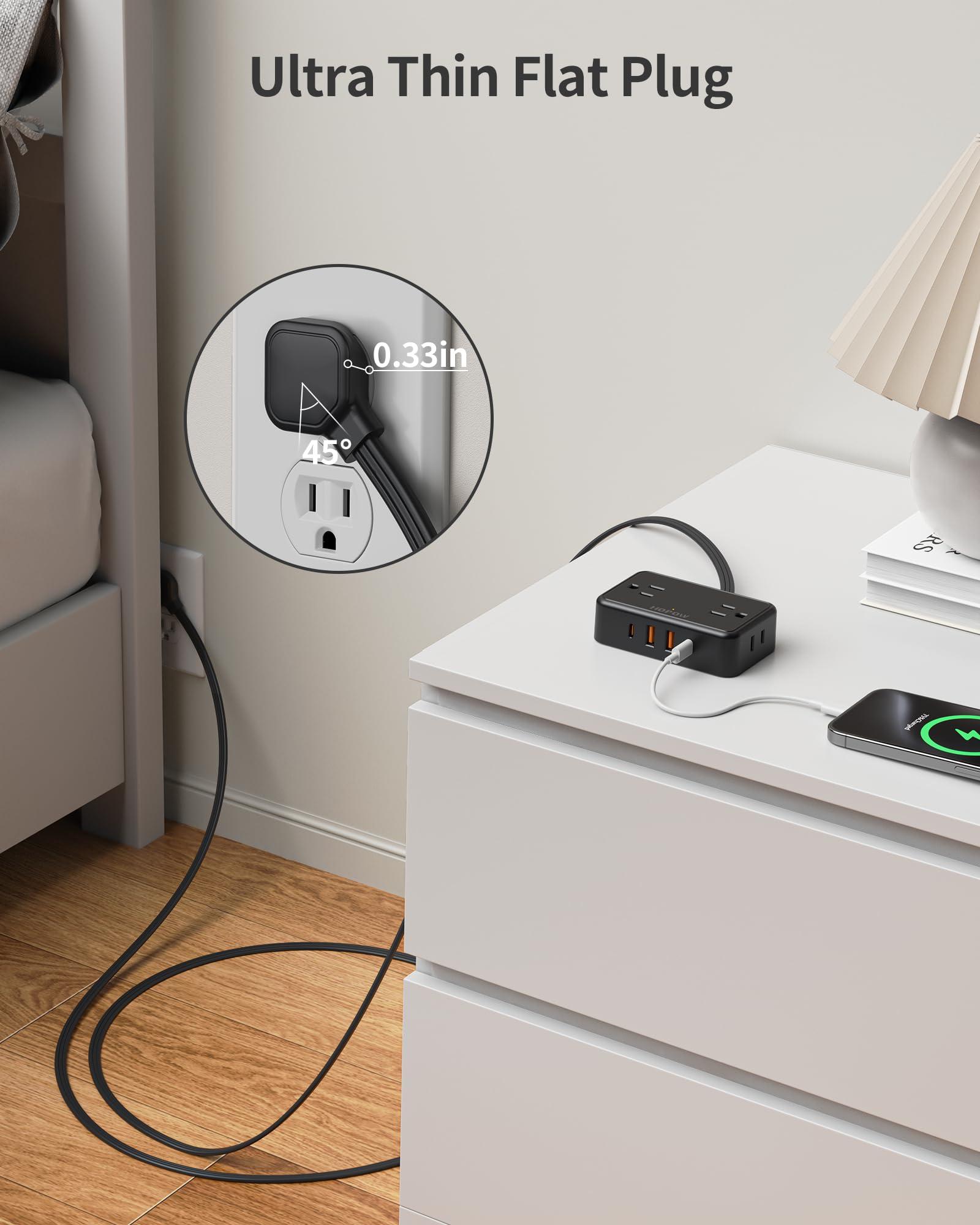 HOPOW Flat Plug Extension Cord, 6 Ft Ultra Thin Power Strip, 4 AC Wide Spaced outlets and 4 USB (2 USB-C) Ports, No Surge Protector for Cruise Ship, Travel, Dorm Room Essentials (Black) - Image 3