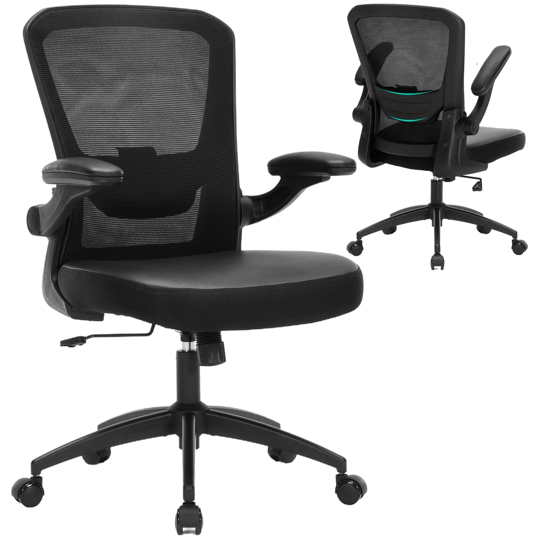 TOPBSHODC Ergonomic Office Chair 350lbs PU Leather Mesh Desk Chair with Lumbar Support, Flip-Up Arms, Swivel Wheels, Adjustable Height, Rolling Executive Computer Task Chair for Home Office,Black