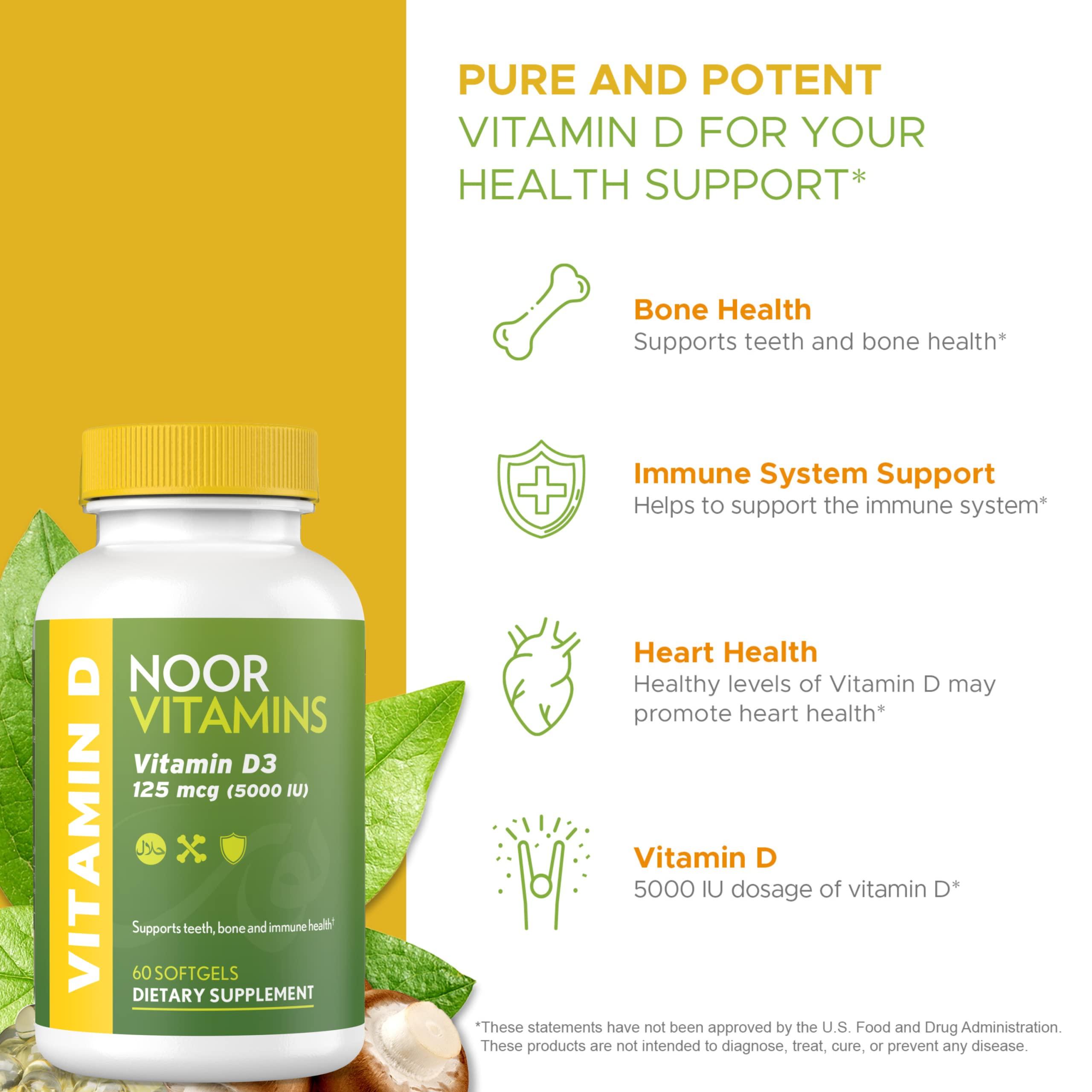 Noor Vitamins Halal Vitamin D, Halal Vitamin D3, 5000 IU Softgels, Supports Bone, Immune & Heart Health, from Safflower Oil to Maximize Absorption, Non-GMO, Gluten Free & Halal (60 Count)… - Image 4