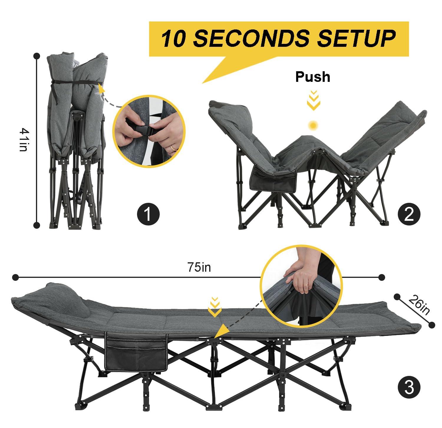 ATORPOK Camping Cot for Adults with Cushion and Pillow, Portable Folding Bed for Sleeping, Lightweight Tent cot with Carry Bag Supports 450 lbs (Grey) - Image 2