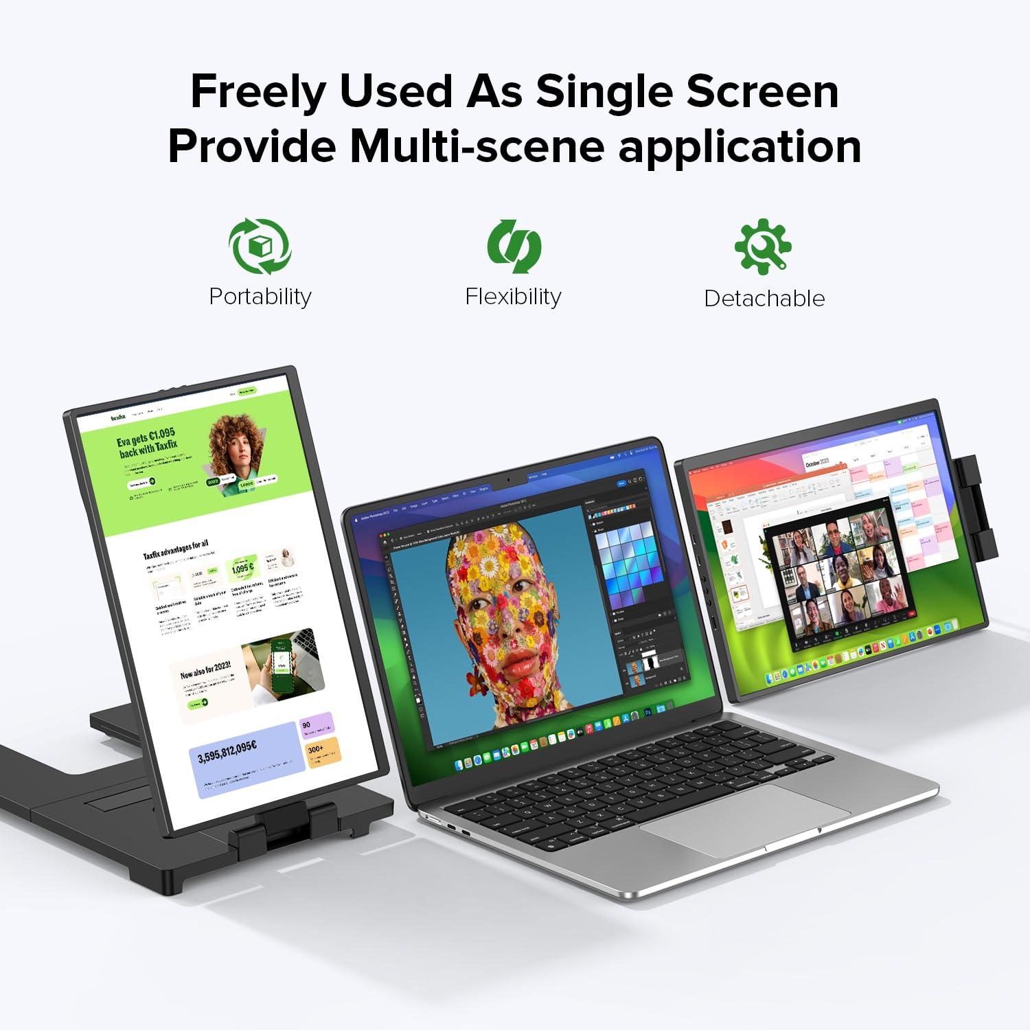 UPERFECT Laptop Screen Extender, 2K 14" 360° Patented Unique Swivel Hinge Triple Monitor, 2240x1400 QHD IPS Portable Dual Monitor for 13.3"-17.3'' Laptops, Plug & Play with Mac, Wins, Android - Image 6