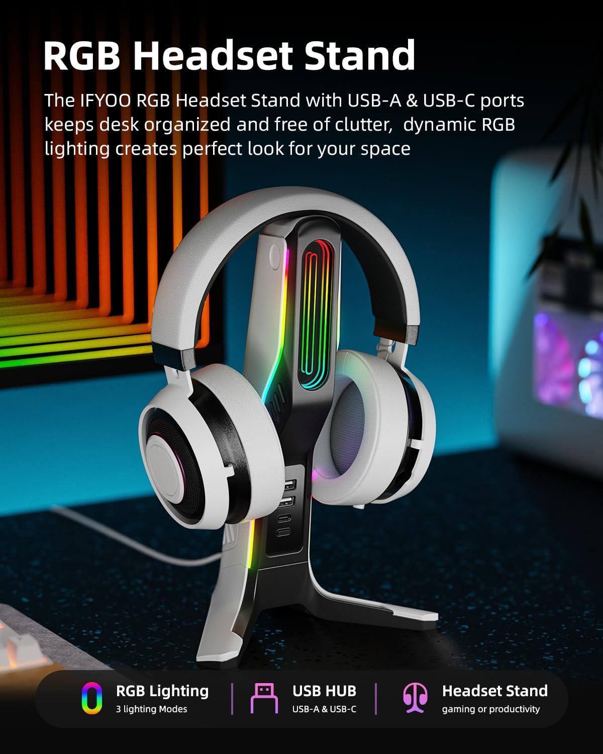 IFYOO RGB Gaming Headset Stand with 2 USB and 1 Type-C Ports, Game Headphone Mount for PC Computer, Xbox One, Xbox Series S/X, PS5, PS4, Earphone Holder Hanger, Desk Gamer Accessories, Black&White - Image 3