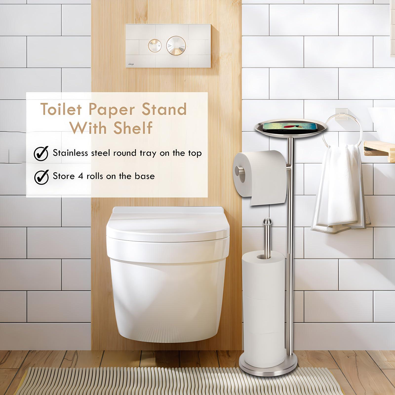 Kalitro Toilet Paper Holder Freestanding with Big Shelf, 4 Rolls Reserve Paper Holder Stand, Modern Paper Roll Holder with Storage Space for Phones (Brushed Nickel) - Image 6