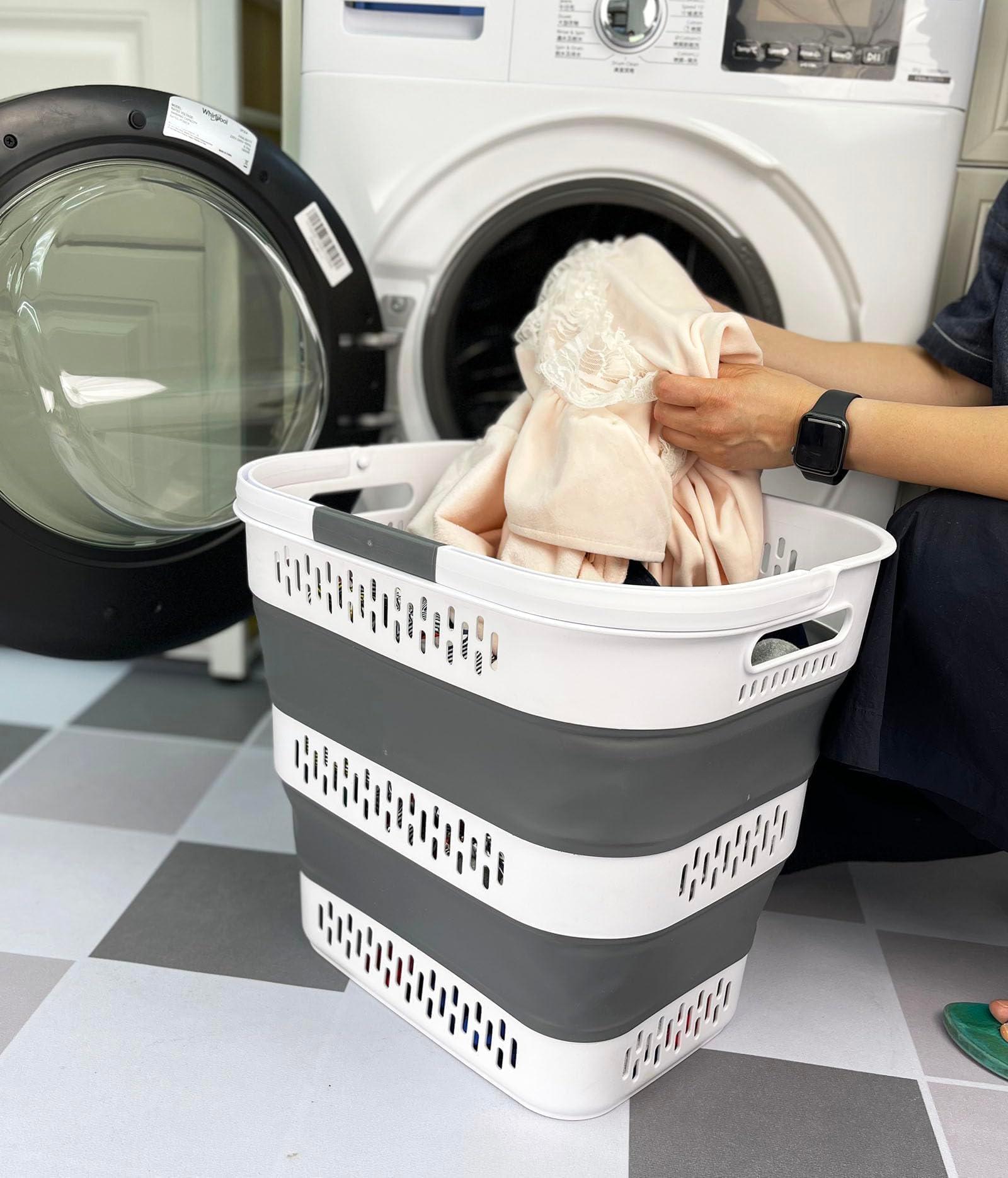 SAMMART 40L (10.5 Gallon) Collapsible Plastic Laundry Basket with Handles - Foldable Pop Up Storage Container/Organizer - Portable Laundry Hamper - Space Saving (1, White/Steel Grey) - Image 2