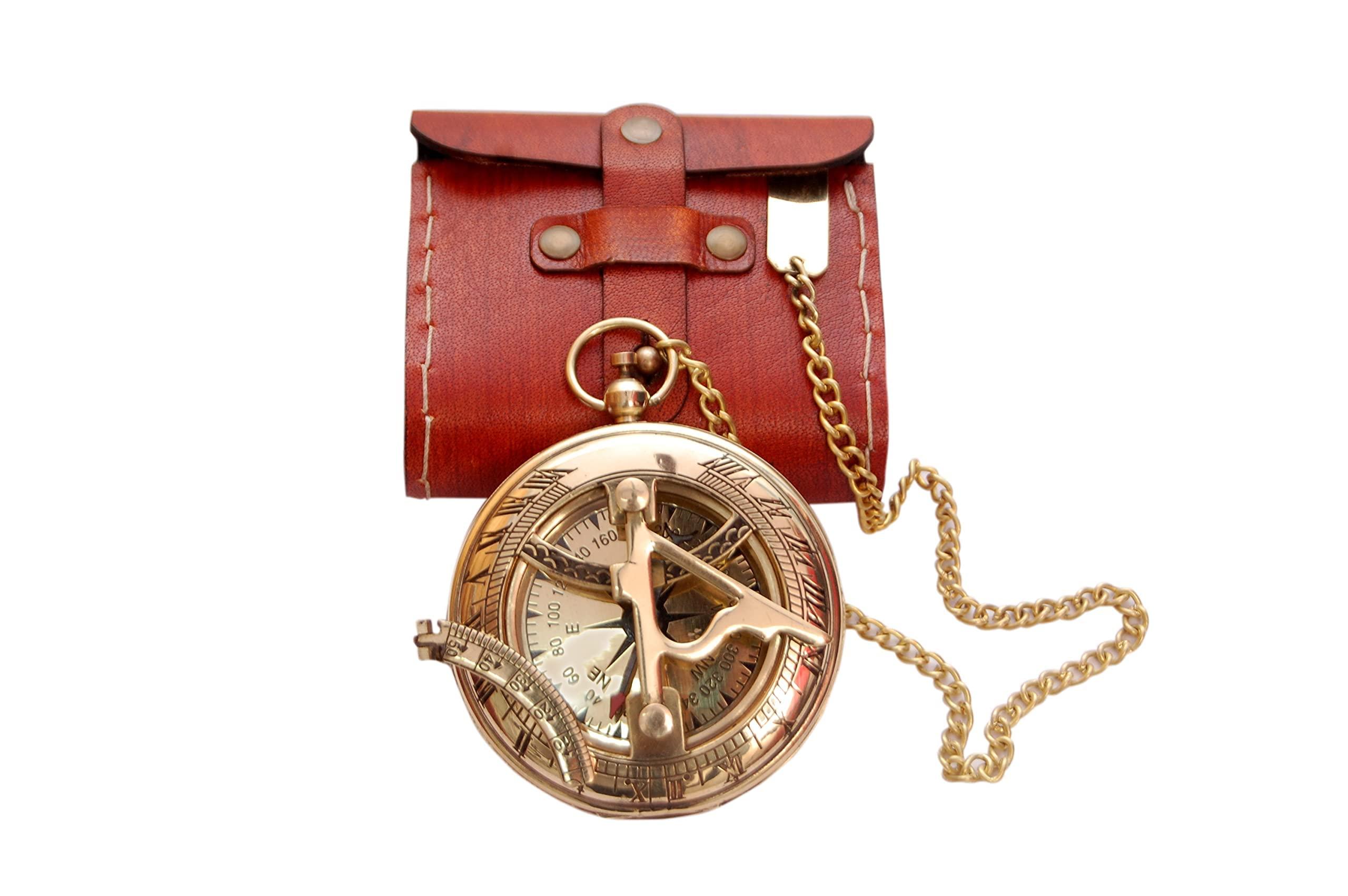 Vintage Brass Sundial Compass with Leather Case - Antique Brass & Copper Sun Clock for Camping, Hiking, Touring - Engraved Gift for Him - Nautical Ship Replica Watch - Sundial Clock in Box