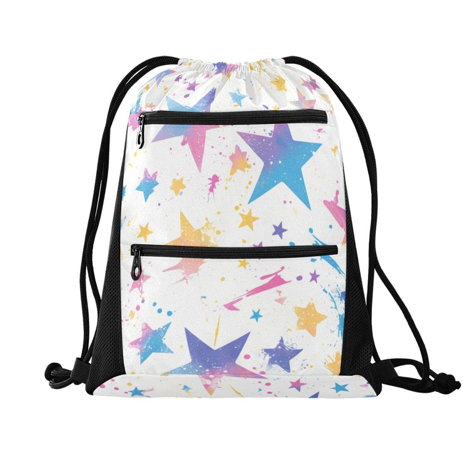 FRODOTGV String Backpack With Zipper Pockets Portable Sackpack for Adults Men Women Party Hiking, Spray Paint Rock Star