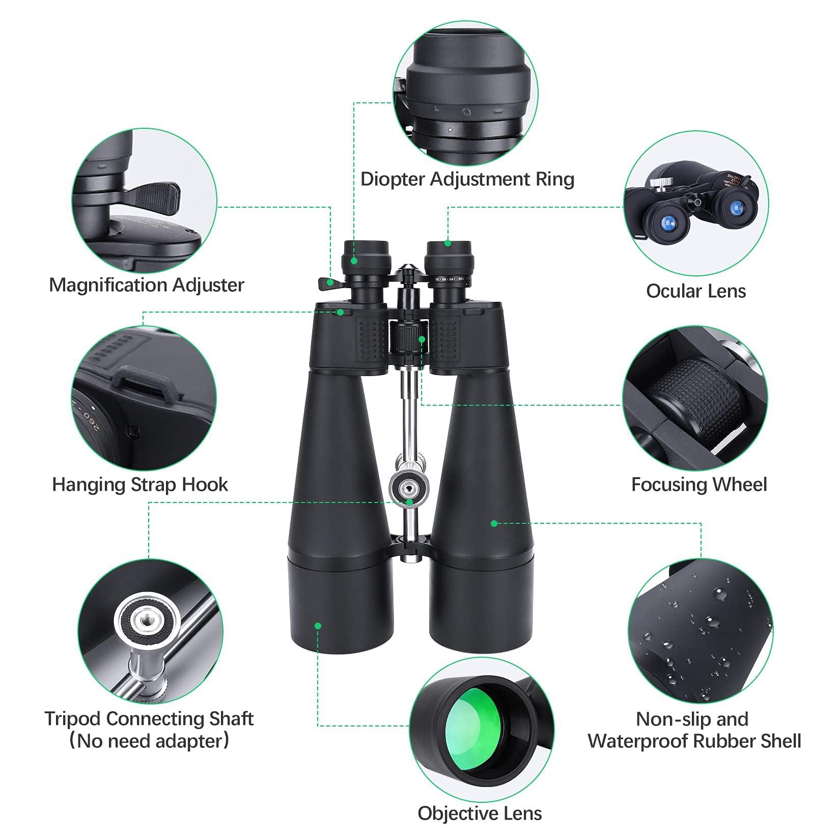 30-260X80 High Power Binoculars for Adults, Outdoor Long Range Binoculars for Birdwatching Hunting Stargazing Travel with Tripod Adapter and Carrying Case (Black, 30-260X80) - Image 6