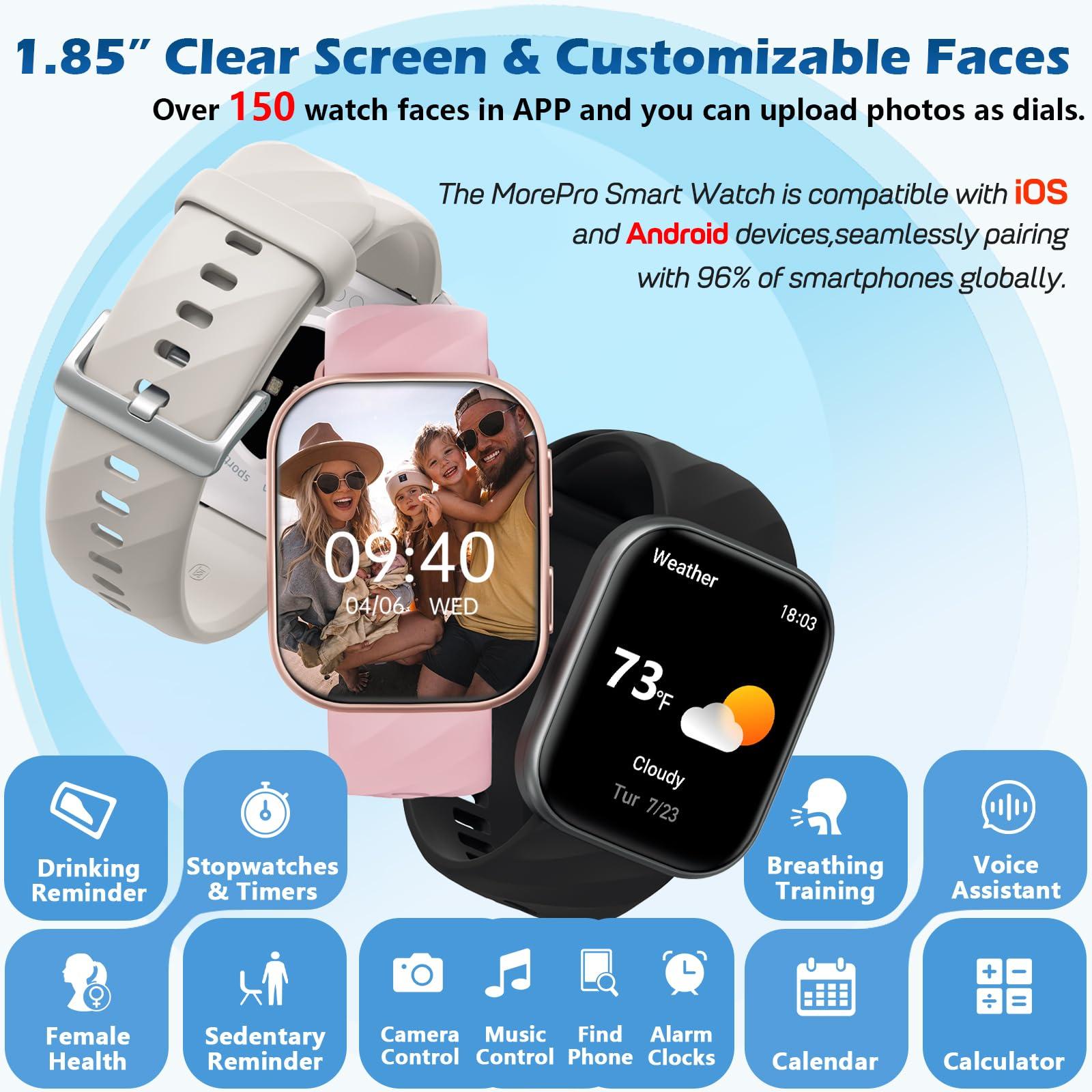 MorePro Smart Watch for Men Women(Make/Answer Call), 1.85" Fitness Tracker with 24/7 Heart Rate & Blood Pressure Monitor, Blood Oxy-gen Sleep Tracking, 120+ Sports Activity Tracker for iOS Android - Image 7