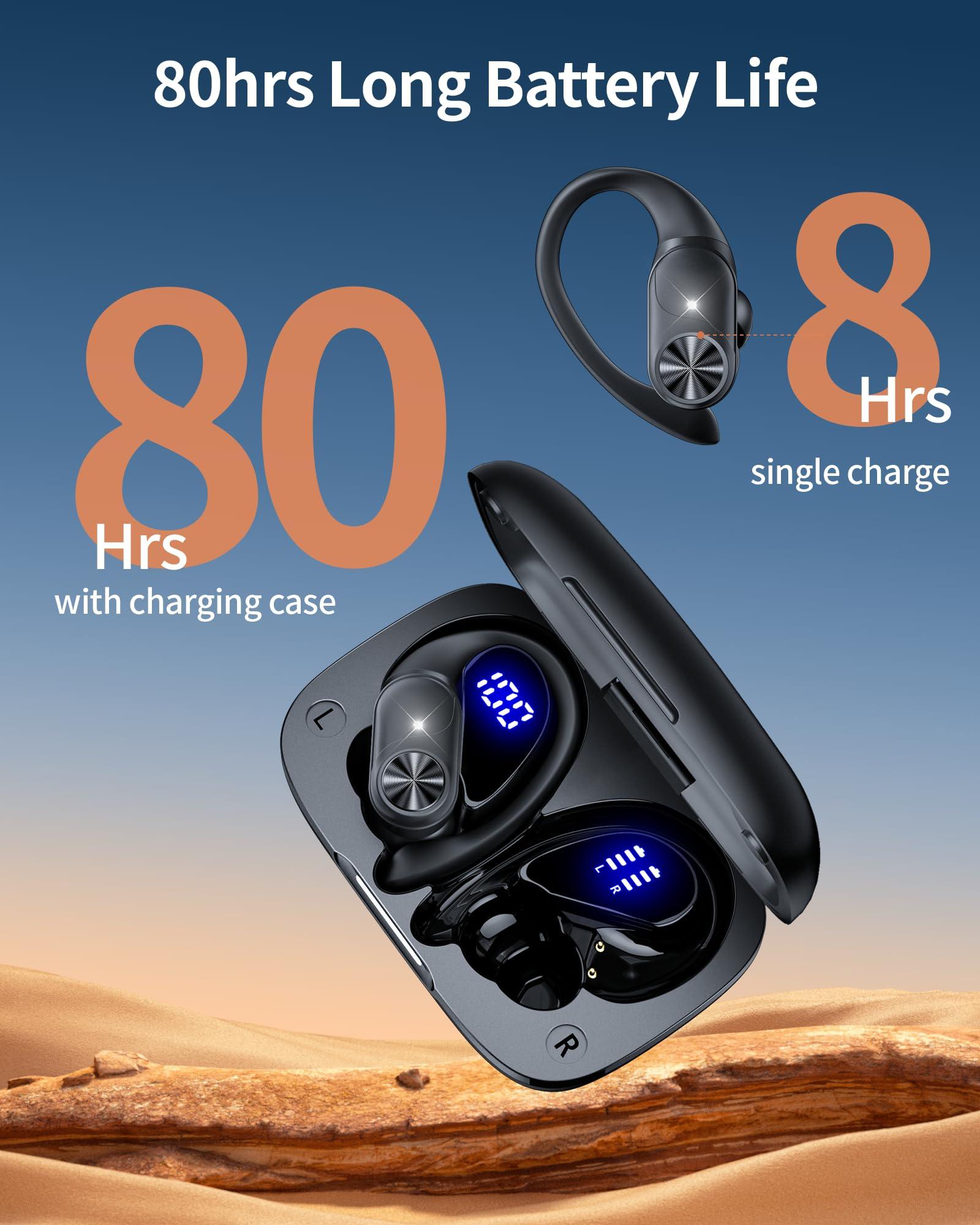 PocBuds Bluetooth Headphones Wireless Earbuds 80hrs Playtime Wireless Charging Case Digital Display Sports Ear Buds with Earhook Deep Bass IPX7 Waterproof Over-Ear Earphones for TV Phone Laptop Black - Image 2
