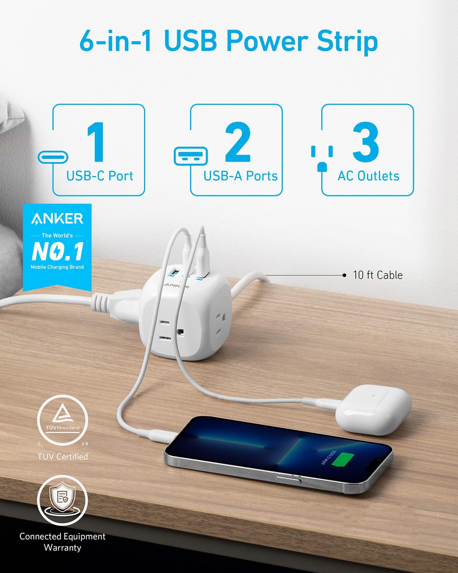 Anker 321 Power Strip with 20W USB C, 3 Outlets and USB C Charging for iPhone 15/15 Plus/15 Pro/15 Pro Max, 10 ft Extension Cord, Power Delivery Charging for Dorm Rooms,Home Office - Image 2