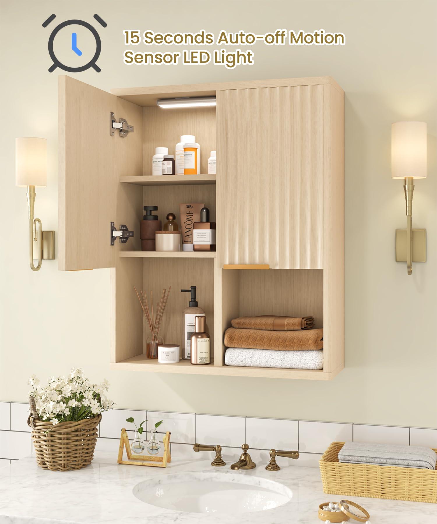 HAIOOU Fluted Bathroom Wall Cabinet with Motion Sensor Light, Curved Profile Wooden Medicine Cabinet Wall Mounted Cupboard, Wave Like Over Toilet Storage Cabinet with Buffering Hinges - Natural - Image 4