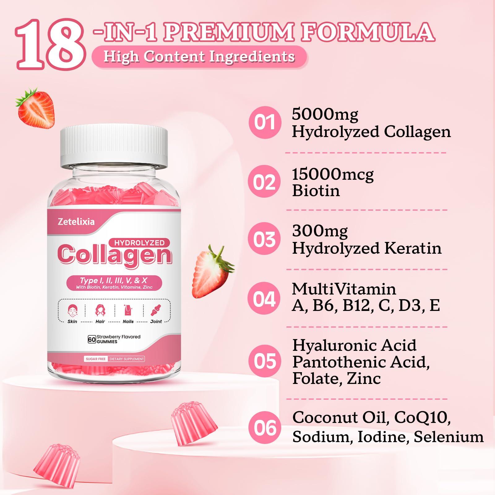 Zetelixia Collagen Gummies for Women Men, Hydrolyzed Collagen Peptide Type I,II,III,V,X with Biotin, Vitamin C A B D E for Skin Hair Nails J0ints, Immunity Energy Digestion, Sugar Free, 60 Count - Image 2