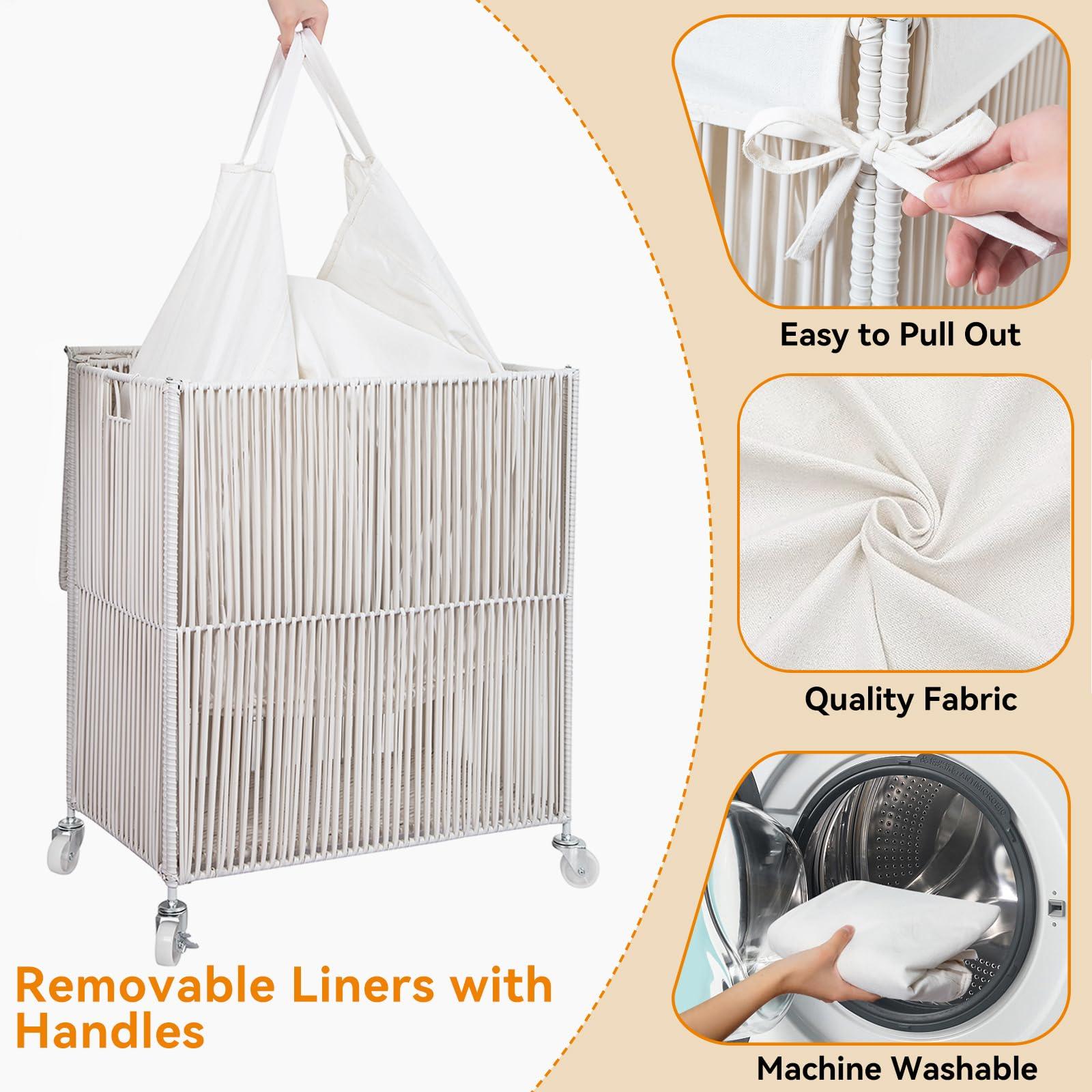 WOWLIVE Laundry Hamper with Wheels, Handwoven Rolling Laundry Basket with Lid, Clothes Hamper with Divided Removable Liner Bag, 115L Large Capacity Laundry Sorter Laundry Room Organization, White - Image 5