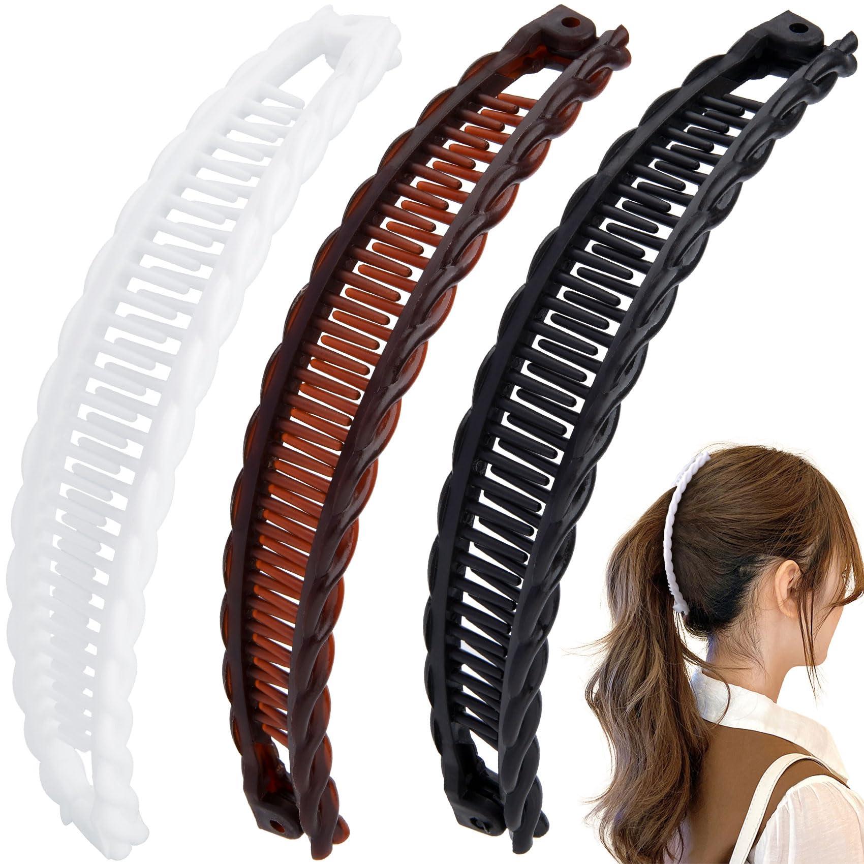 Mxxipp 3pcs Banana Hair Clips for Women, Non-Slip Large Hair Claw Clips, Classic Double Combs Hair Accessories for Thick Thin Fine Straight Curly Long Short Hair- Brown & Black & White
