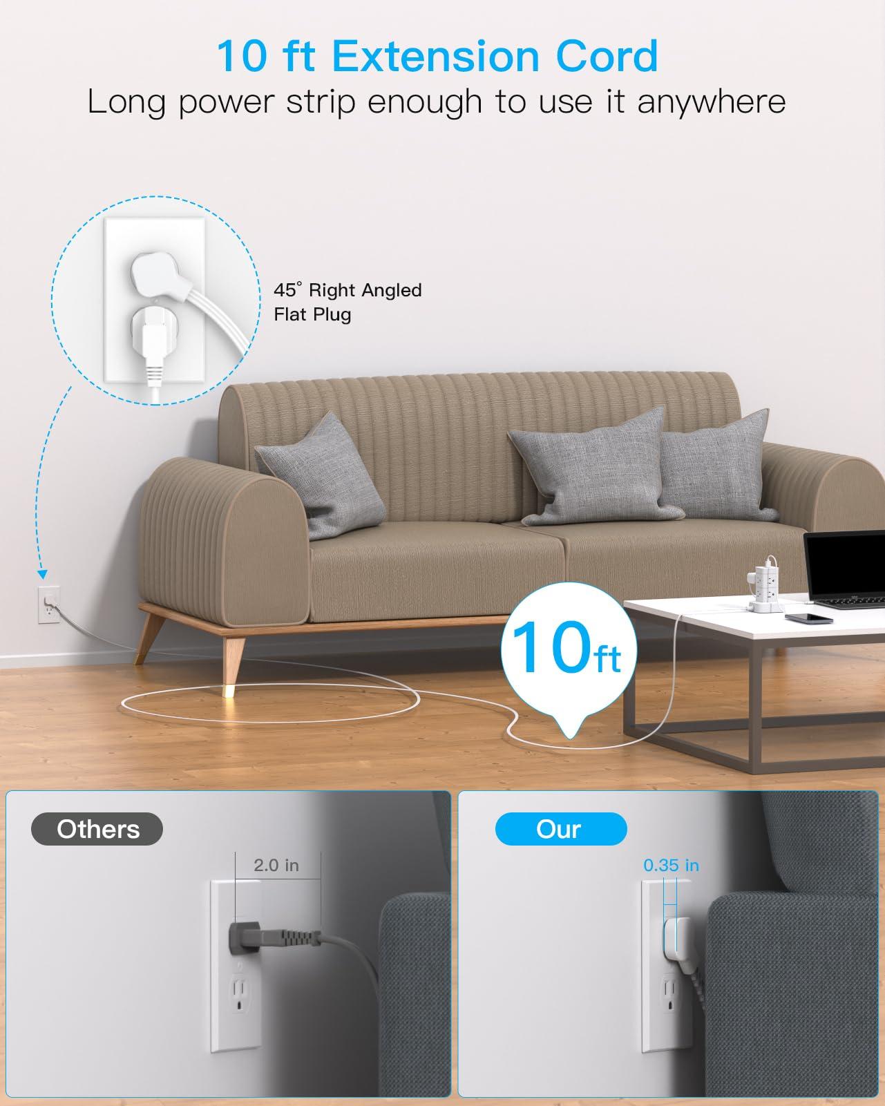 One Beat Tower Surge Protector Power Strip 10 ft,Long Flat Extension Cord with Multiple Outlets,8 AC Outlets with 4 USB Ports,Desktop Charging Station for Multiple Devices,for Home Office College Dorm - Image 6