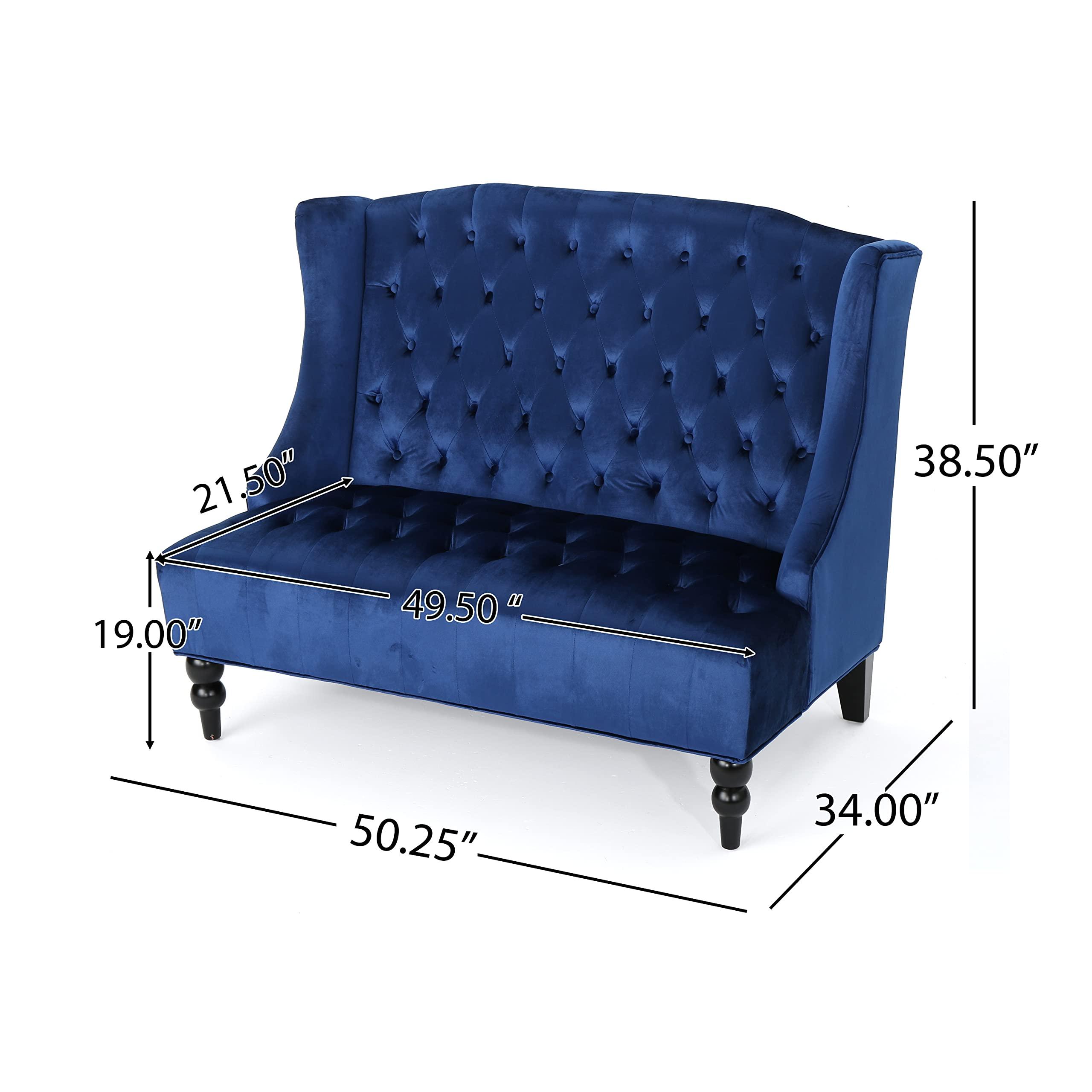 Christopher Knight Home Leora Traditional Tufted Velvet Wingback Loveseat, Navy Blue / Dark Brown - Image 3