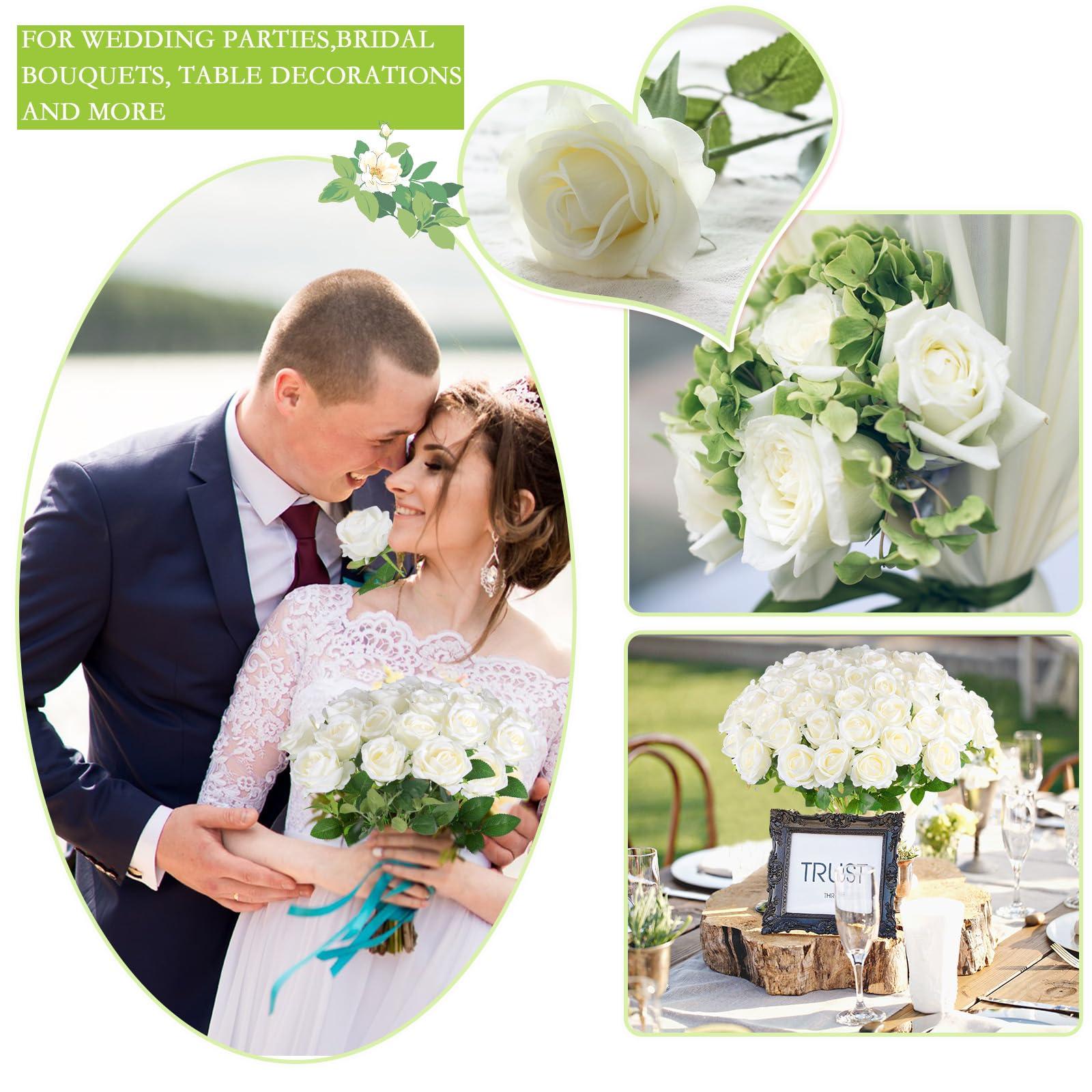 Hananona 50 Pcs Artificial Roses in Bulk, Fake Velvet Silk White Roses Realistic White Roses for Wedding Centerpieces Flower Arrangement Home Decor (50, White) - Image 6
