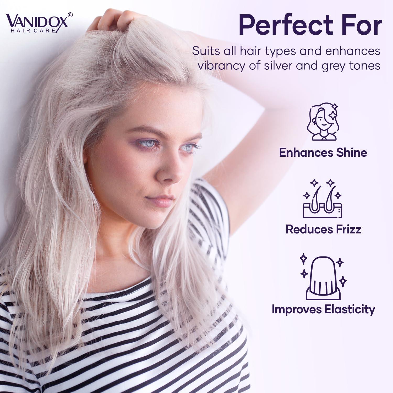 VANIDOX Sulfate Free Brass Toning Purple Shampoo and Conditioner Set for Grey and Silver Hair, Moisturizing & Color-Safe, Enhances Shine & Brightness, Made in USA (16 fl oz each) - Image 5