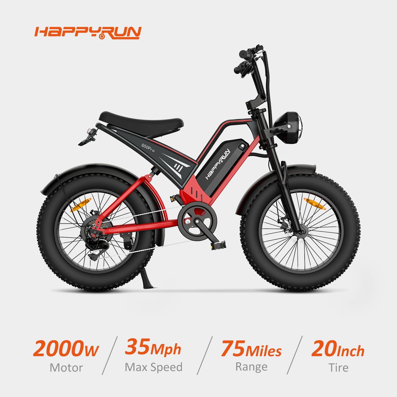 HAPPYRUN 2000W Electric Bike for Adults, 48V 25Ah Removable Battery, Up to 35MPH and 75+ Miles Range, 7-Speed Transmission, 20" Fat Tires Ebike, 3-Pedal-Assist Levels (G50Pro) - Image 2