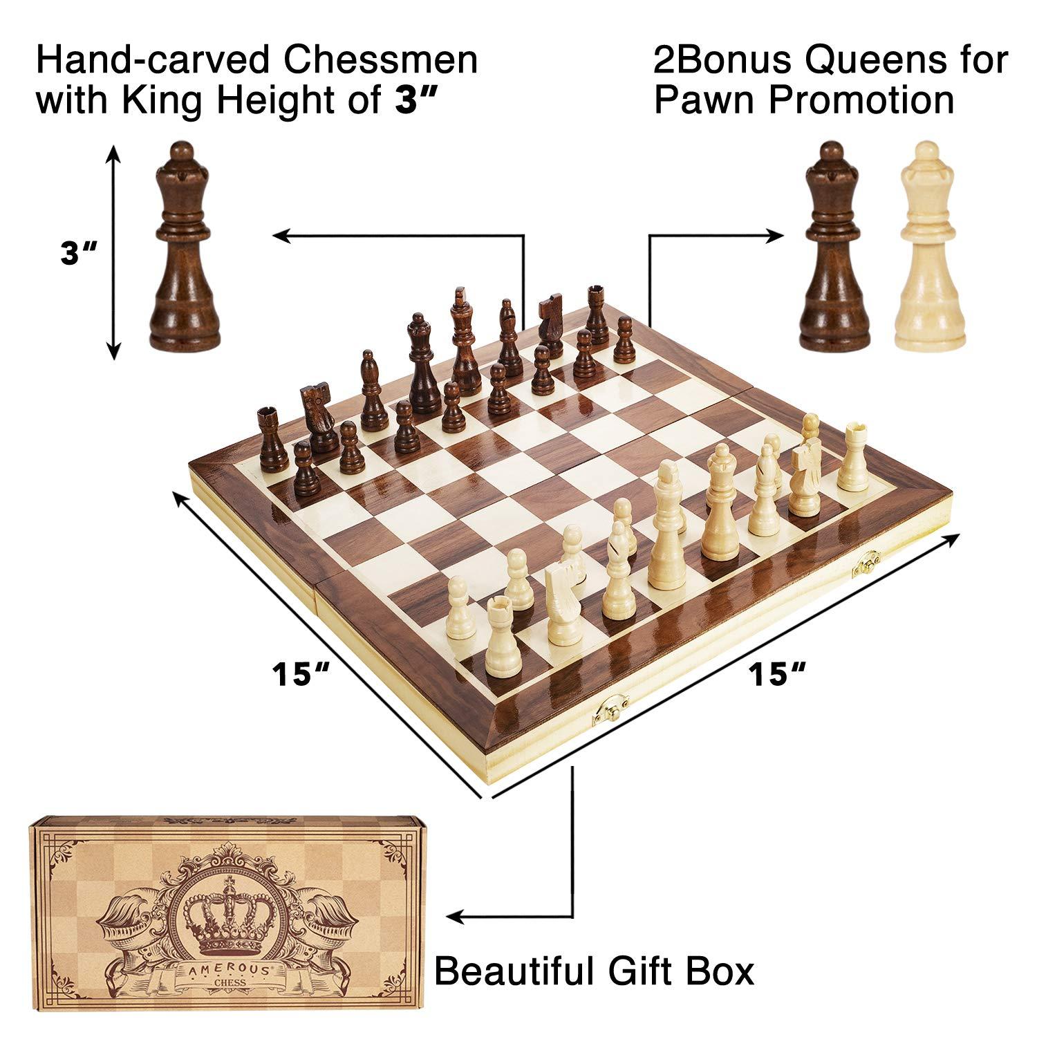 AMEROUS 15 Inches Magnetic Wooden Chess Set - 2 Extra Queens - Folding Board - Pieces Storage Slots, Handmade Portable Travel Chess Game - Beginner Chess Set for Kids, 6 up Age - Image 4