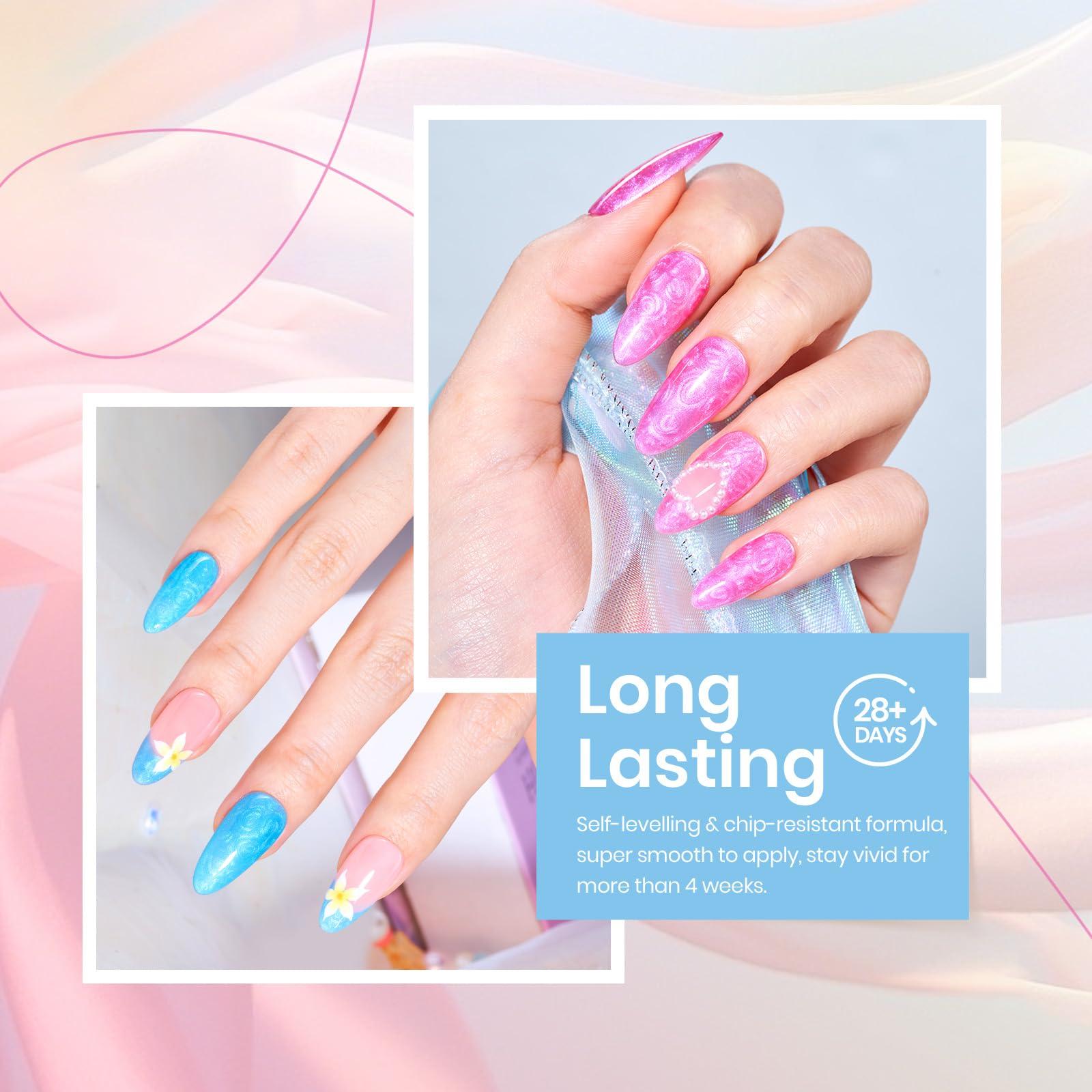 Beetles Summer Gel Nail Polish, 6 Colors Pink Blue Yellow Green Purple Shimmer Pearl Gel Polish Soak Off Uv Mermaid Nail Drawing Polish Swirl Shell Thread Effect DIY Manicure Gift for Women - Image 4
