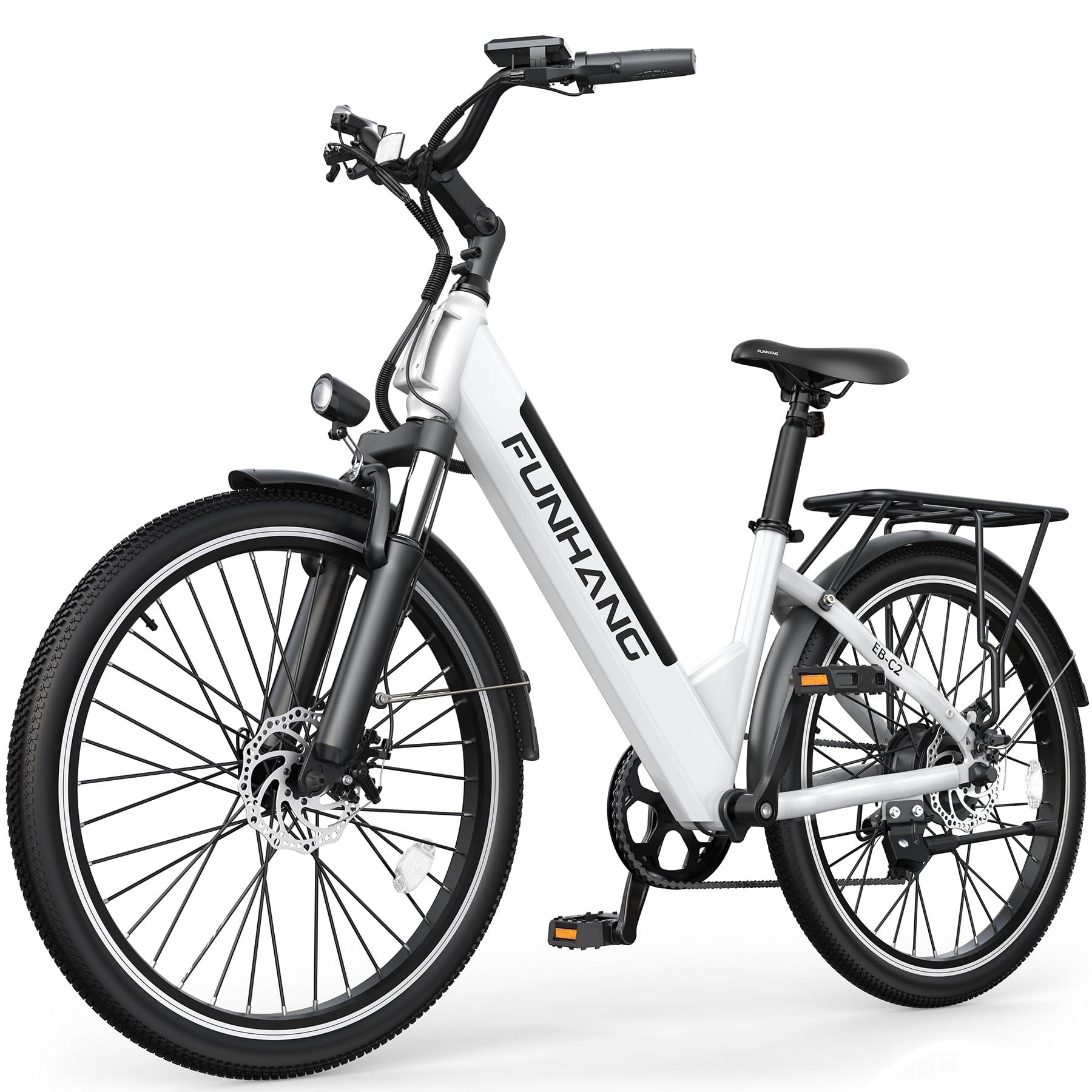 Funhang Electric Bike for Adults, 1000W Peak EBike, 50 Miles 21.7MPH Adult Electric Bicycles with 48V Built-in Removable Battery, Adjustable Stem, Rear Rack, 7 Speed, 26" Step-Thru E Bike for Commute