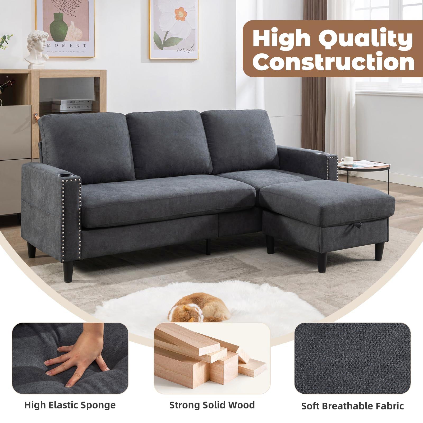 Siiejia Convertible Sectional Couches for Living Room, L-Shaped Couch 3 Seats Sofas with Storage Chaise & 2 Cup Holders, Small Sofa for Apartment, Compact Spaces, Dark Grey - Image 3