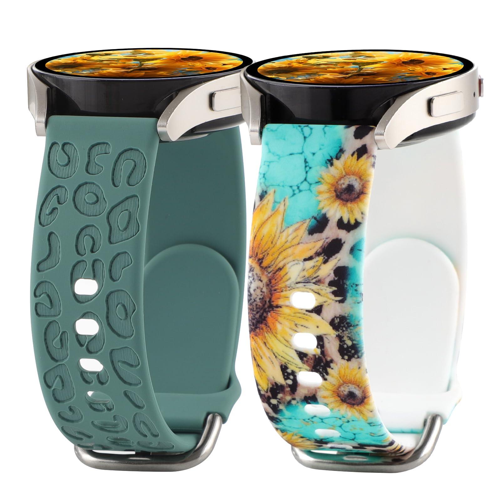 2 Pack Band Compatible with Samsung Galaxy Watch 7 FE 6 5 4 40/44mm,Galaxy Watch 5 Pro 45mm/Watch 6 4 Classic/Active 2,20mm Silicone Sport Band Leopard Engraved Flower Printed Wristband Women Men
