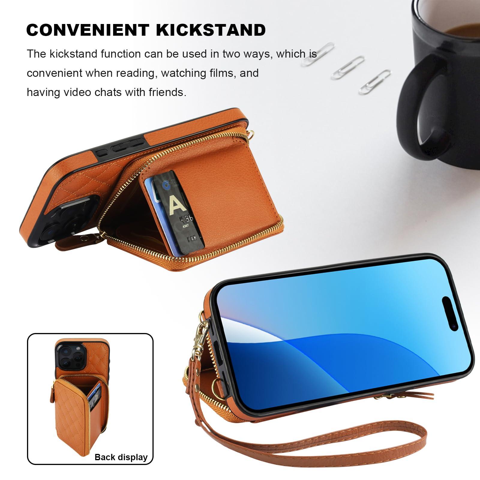 Bocasal Crossbody Wallet Case for iPhone 16 Pro Max, RFID Blocking PU Leather Zipper Handbag Purse Flip Cover, Kickstand Folio Case with Card Slots Holder Wrist Strap Lanyard 5G 6.9 Inch (Brown) - Image 6