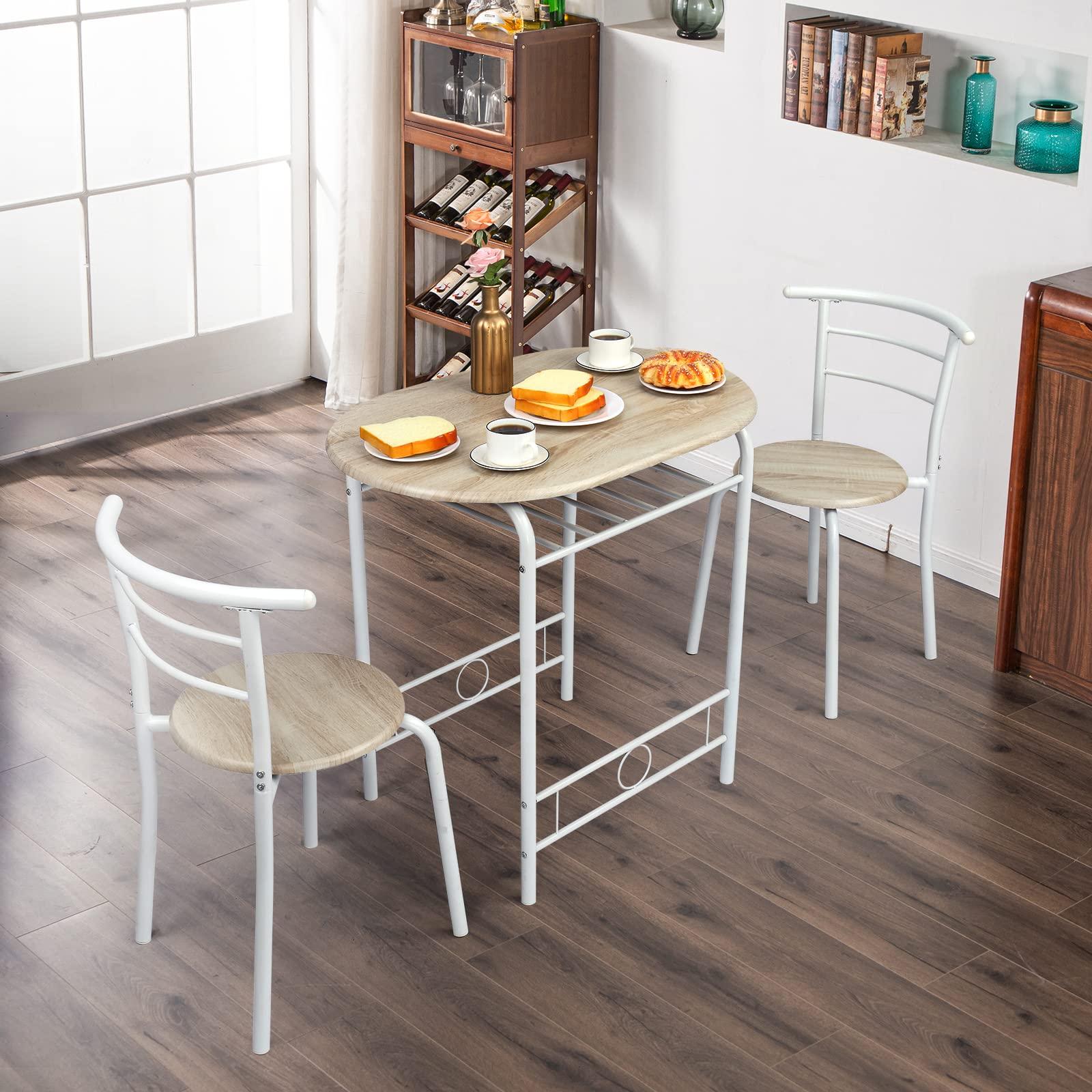 VINGLI 3 Piece Dining Set,Small Kitchen Table Set for 2,Breakfast Table Set,Kitchen Wooden Table and 2 Chairs for Small Space/Dining Room/Apartment,Metal Frame,Wine Rack,White&Light Oak - Image 8