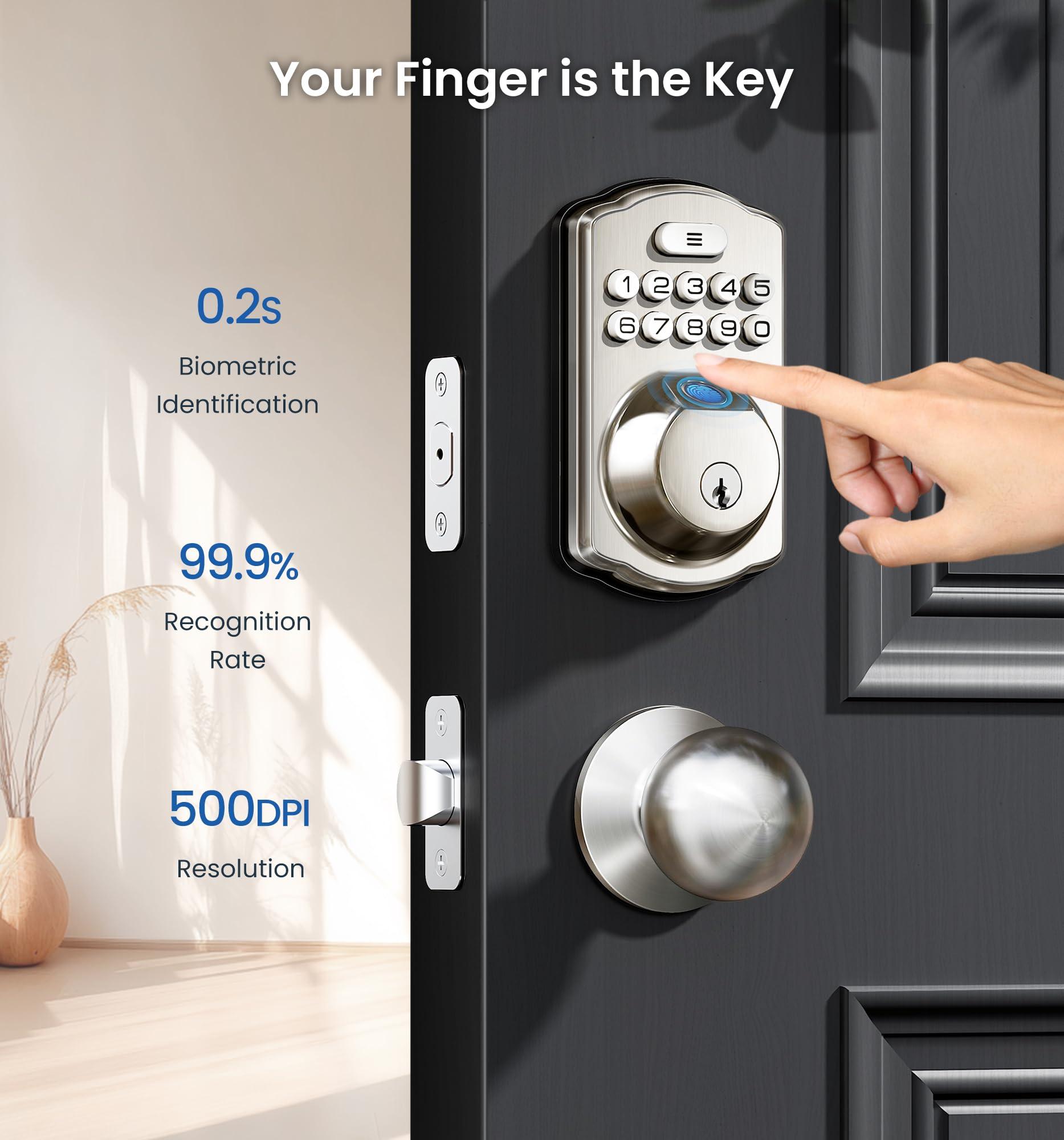 Veise Fingerprint Door Lock, Keyless Entry, Auto Lock, Electronic Keypad Deadbolt for Front Door, Biometric, Anti-Peeking Password, Easy Install, Satin Nickel - Image 2
