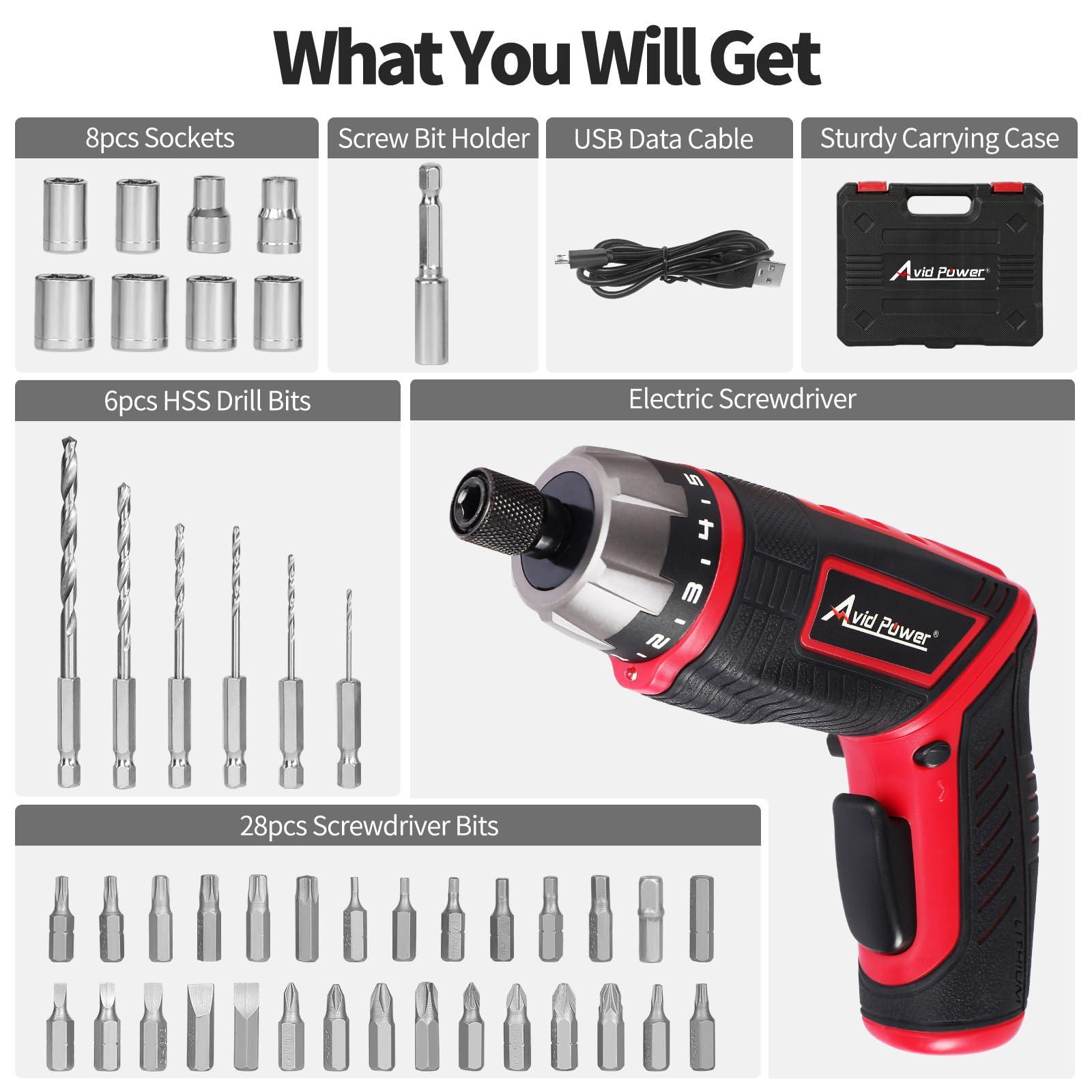 AVID POWER Electric Screwdriver Set Rechargeable 4V Cordless Screwdriver Kit with 44pcs Accessories, 5.65Nm Screw Gun, 5+1 Torque Setting, 2 Position Handle with LED Light - Image 9