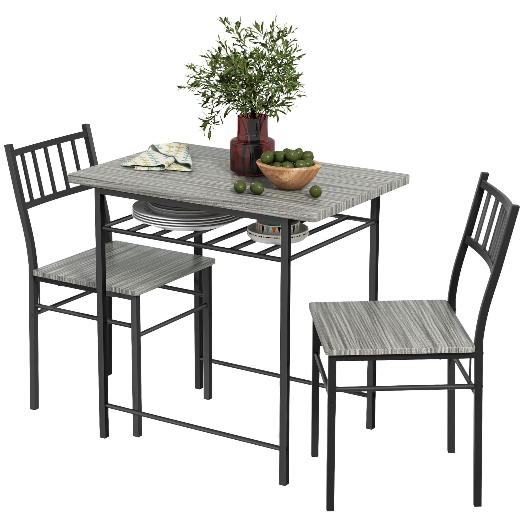 HOMCOM 3-Piece Dining Table Set for 2, Small Kitchen Table and Chairs with Built-in Storage Rack and Steel Frame, for Breakfast Nook and Small Space, Gray