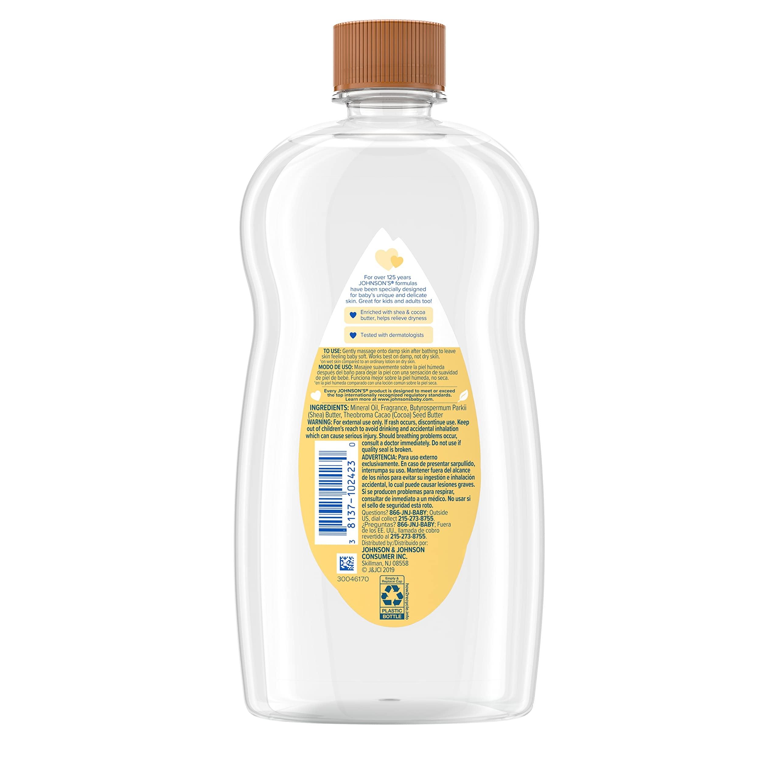 Johnson's Baby Oil, Mineral Oil Enriched with Shea & Cocoa Butter to Prevent Moisture Loss, Hypoallergenic, 20 fl. oz - Image 2